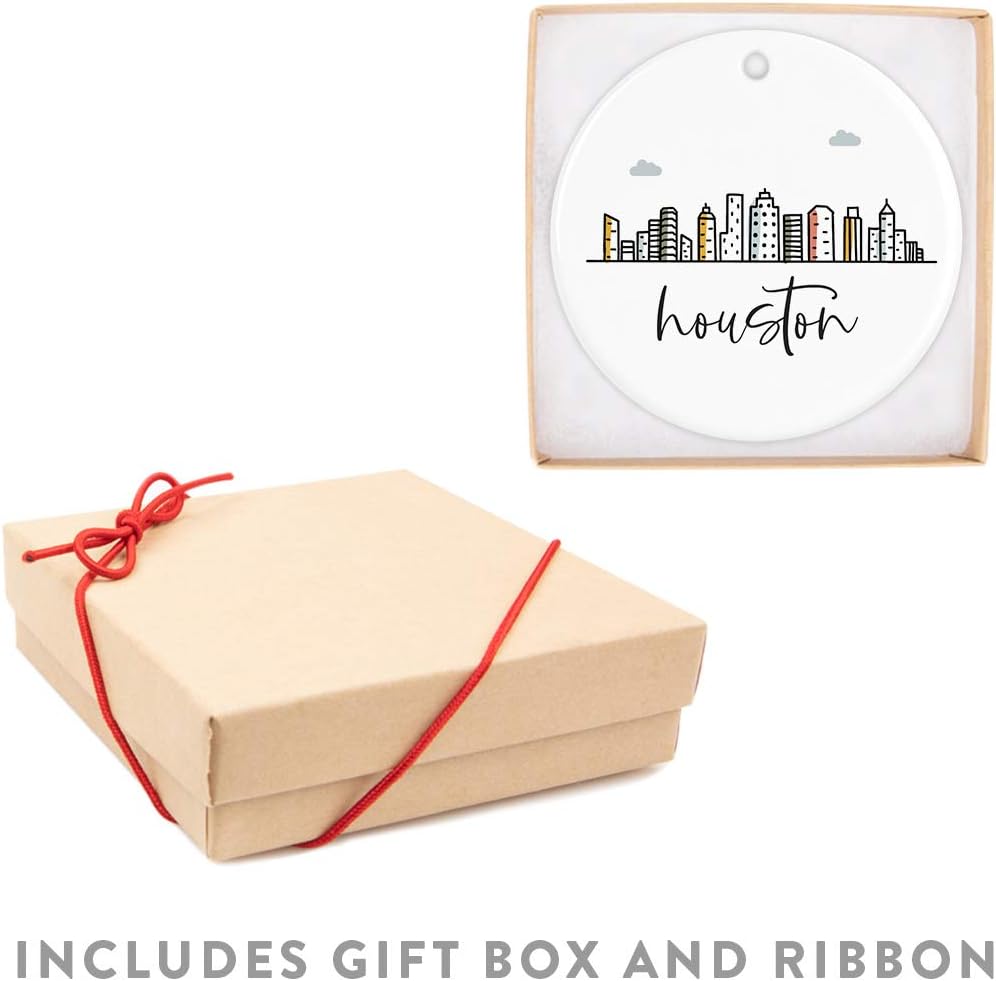 Andaz Press Round Ceramic Porcelain Christmas Tree Ornament Keepsake, Houston Colorful City Skyline Graphic, 1-Pack, Birthday Gift Ideas Family Coworker Him Her, Includes Gift Box