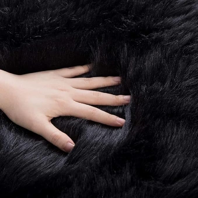 ORINOVA Black Fluffy Faux Sheepskin Washable Fur Area Rugs - Image 8
