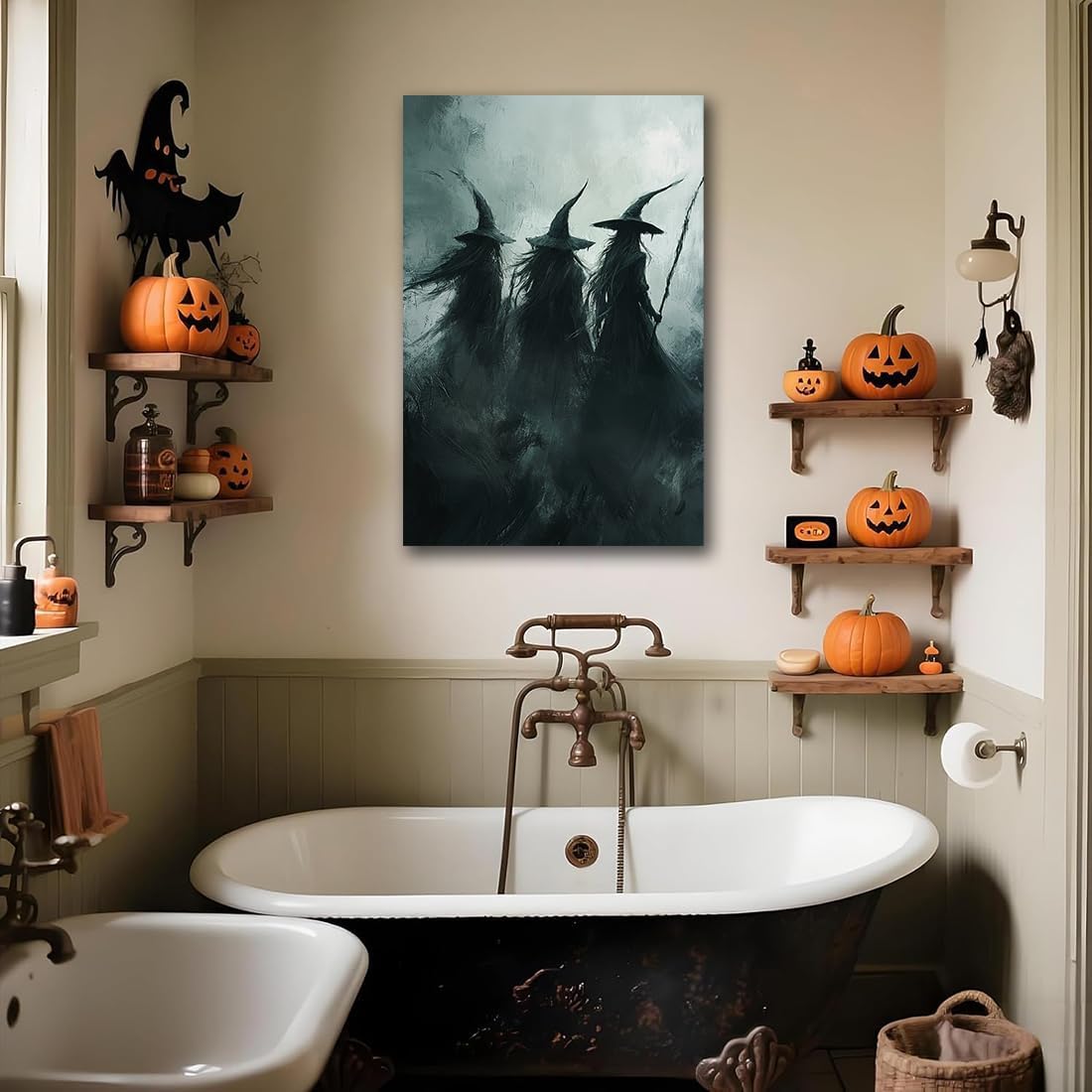 Gothic Witchs Horror Halloween Wall Art,Three Witches in Moody Forest Painting Wall Decor,Autumn Spooky Witches Forest Canvas Printing For Gallery Living Room Bedroom,24"x36" Framed