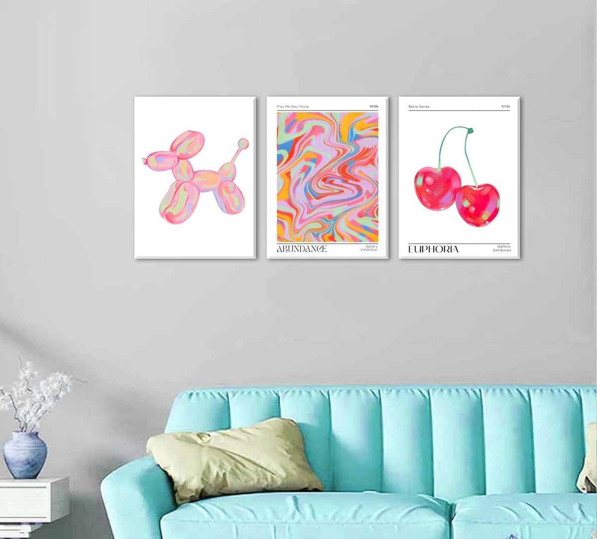 Framed Pink Preppy Wall Art Set of 3 Trendy Cute Balloon Dog Cherry Posters Abstract Aura Canvas Prints Modern Colorful Painting Retro Pop Art Decor Positive Picture for Living Room Bedroom 16x24in