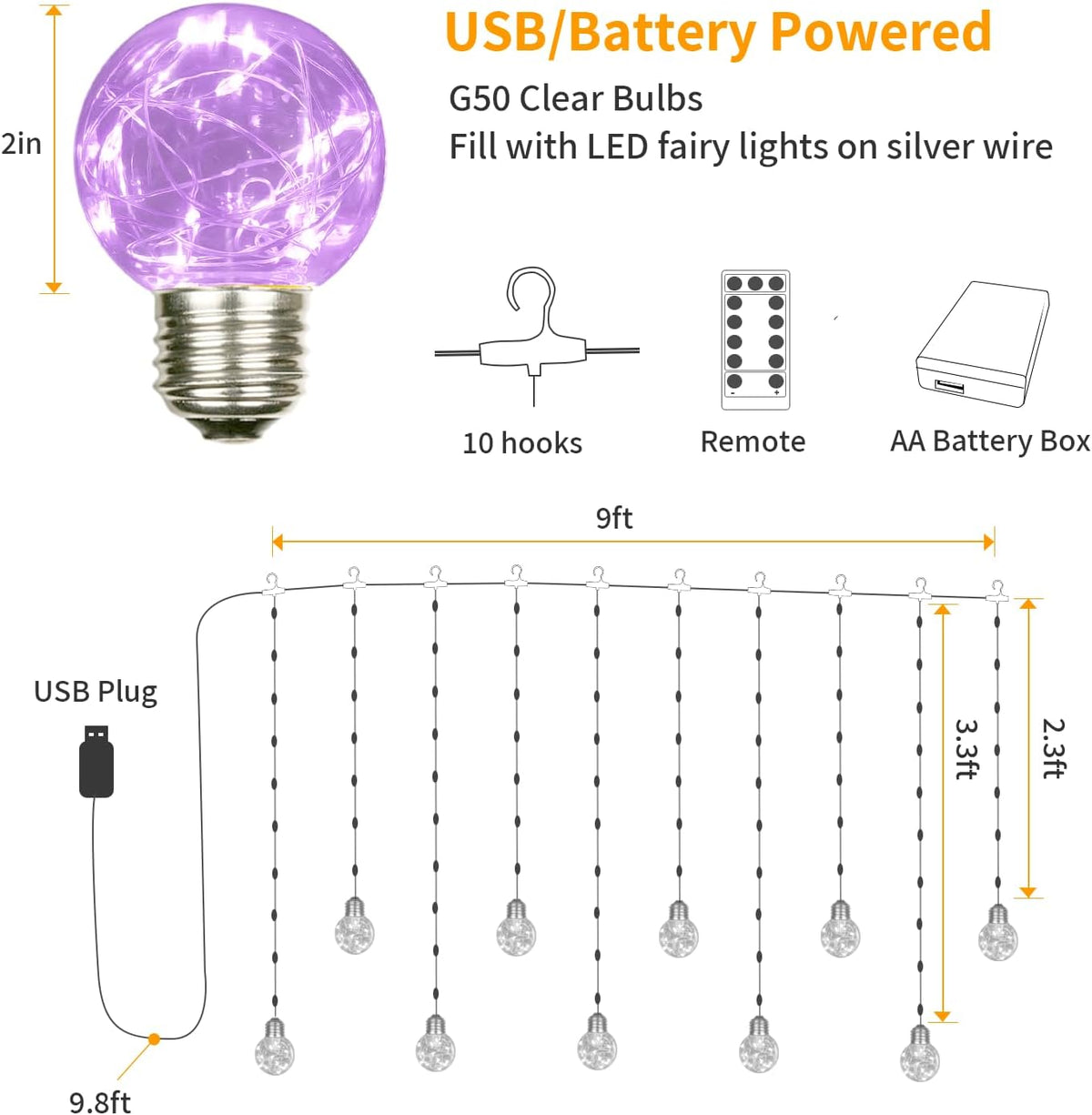 YOLIGHT Wishing Ball Curtain Lights 200 LED Window Curtain String Lights with Remote, USB Battery Powered Twinkle Globe Fairy Lights for Wedding Party Bedroom Halloween Christmas Decoration (Purple)