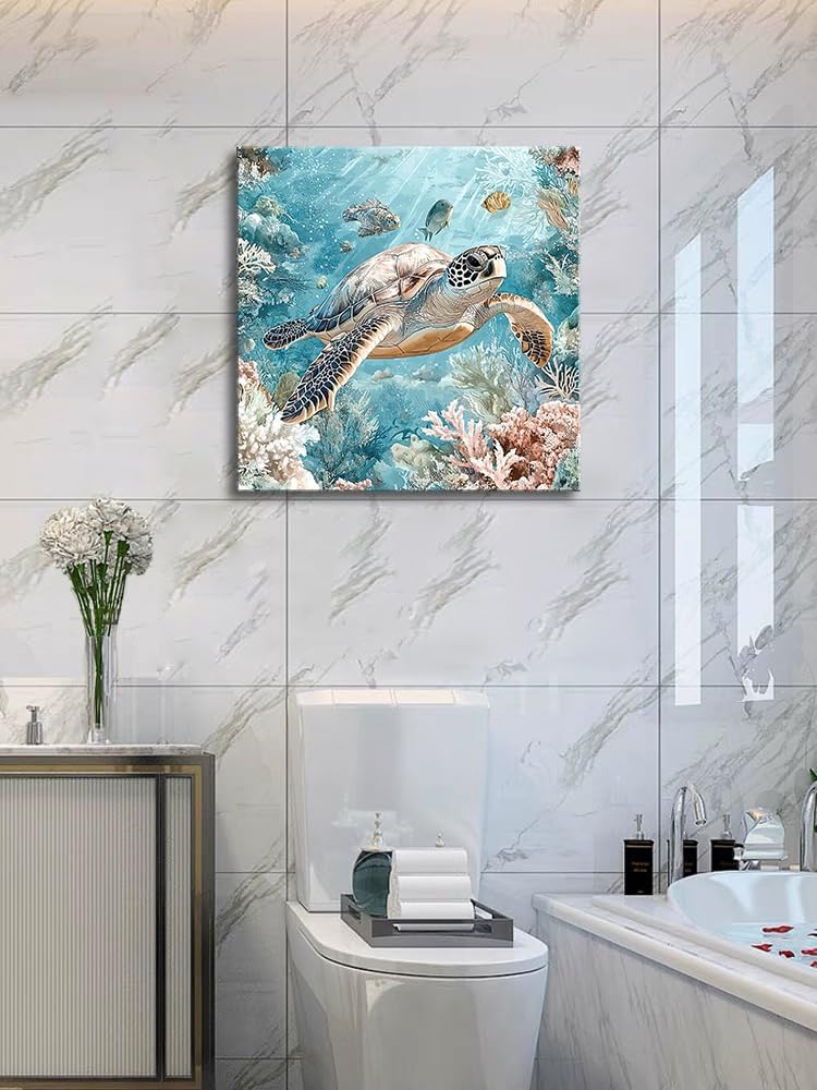 Sea Turtle Bathroom Wall Decor Ocean Theme Framed Canvas Wall Art Coastal Nautical Prints Picture Watercolor Coral Marine Life Painting for Kid Bedroom Living Room Home Decoration 14x14โ