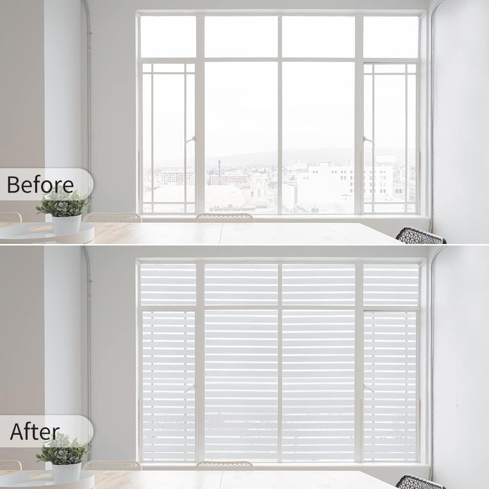 Window Privacy Film with Installation Tools, Stripe Window Film, Static Cling, Anti UV, Heat Control, Ideal for Home Shower Office Glass Door (Stripes Pattern, 29.6X78.7Inch)
