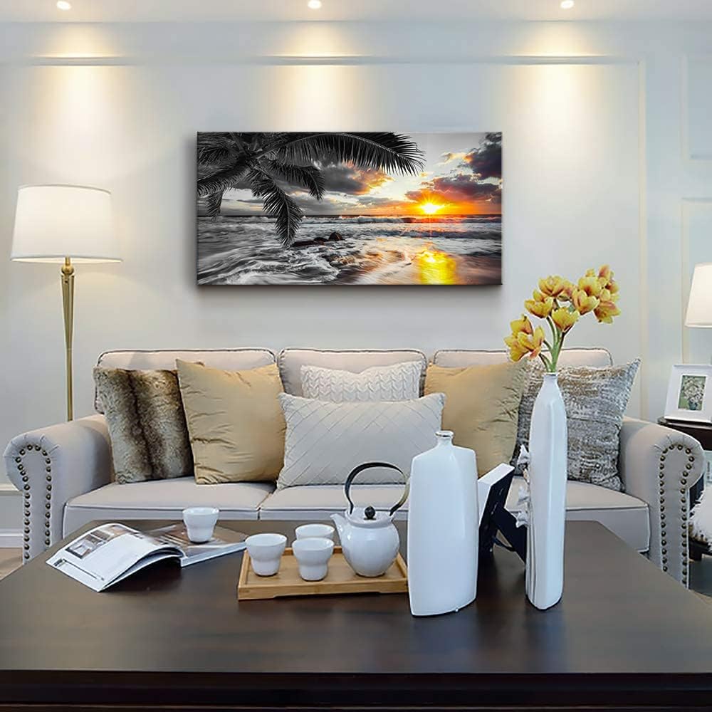 Yxbhhym-Black and White Wall Art Beach Dรฉcor Large Ocean Canvas Pictures Wave Sunrise Seascape Print Painting Palm Poster Sea Artwork for Office Wall Art Bedroom Accessories Living Room Dรฉcor
