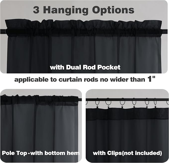 Chyhomenyc Black Sheer Valance for Windows, 2 Pack | Light Filtering Voile Soft - Image 9