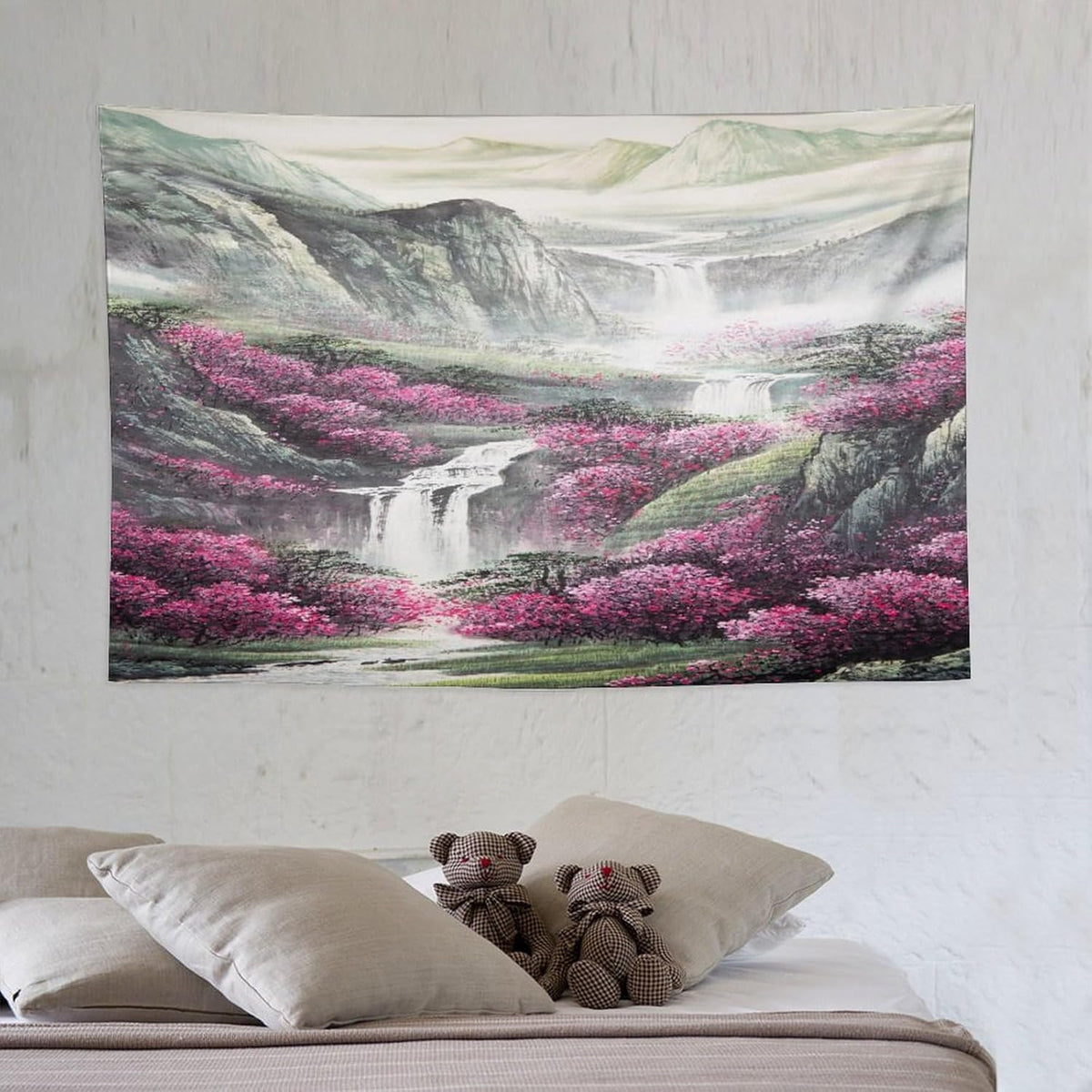 Japanese Tapestry, Red Plum Blossom Mountain Tapestry, Asian Japanese Wall Tapestry, Nature Landscape Tapestries for Bedroom Living Room Decor 60"x40"