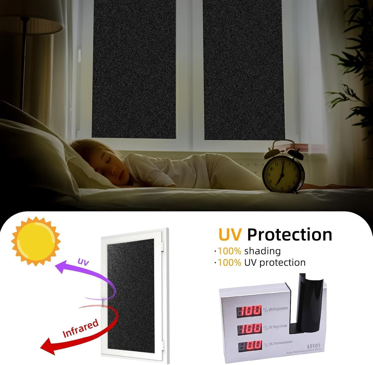 DUOFIRE Blackout Window Film Completely Light Blocking Privacy Window Film Room Darkening Frosted Tint Films for Day Sleep, Non Adhesive Static Cling Windows Films DT-C009(11.8×47Inch)
