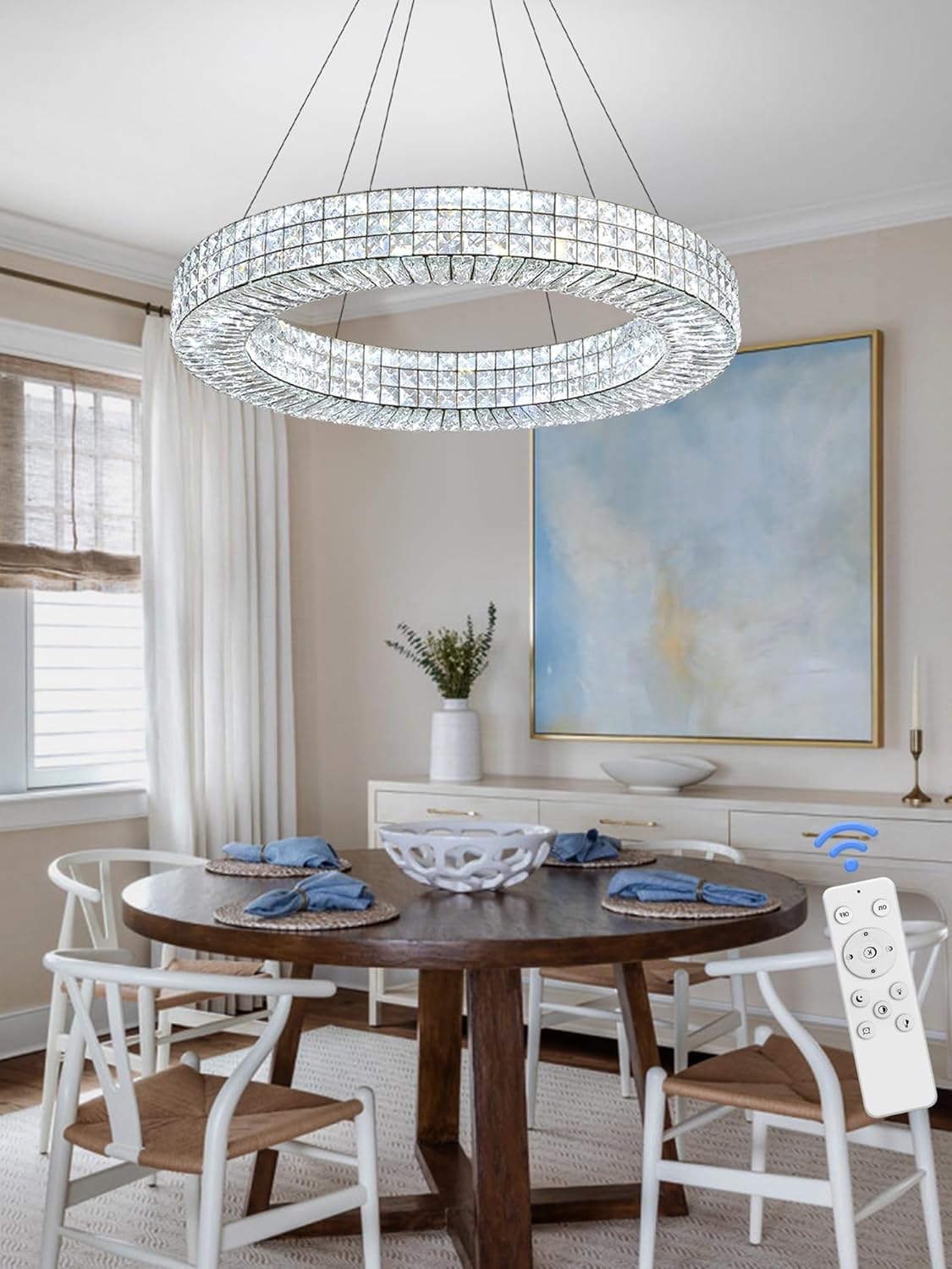 Dia 32" Ring Crystal Chandelier Modern Black Ring Chandelier Adjustable Height Luxury Crystal Pendant Ceiling Light Fixture for Dining Living Room Bedroom