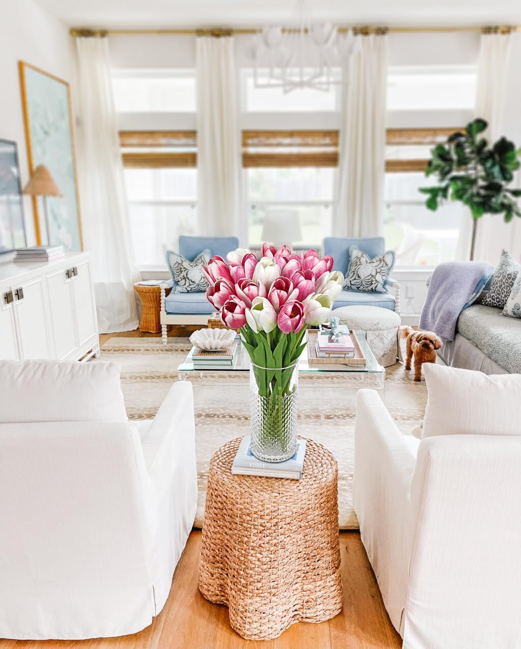 Artificial Tulips Flowers – 24" Long Stem Faux Tulips, 7PCS Real Touch Fake Pink Tulip for Vase, Farmhouse, Kitchen, Spring & Wedding Home Decor