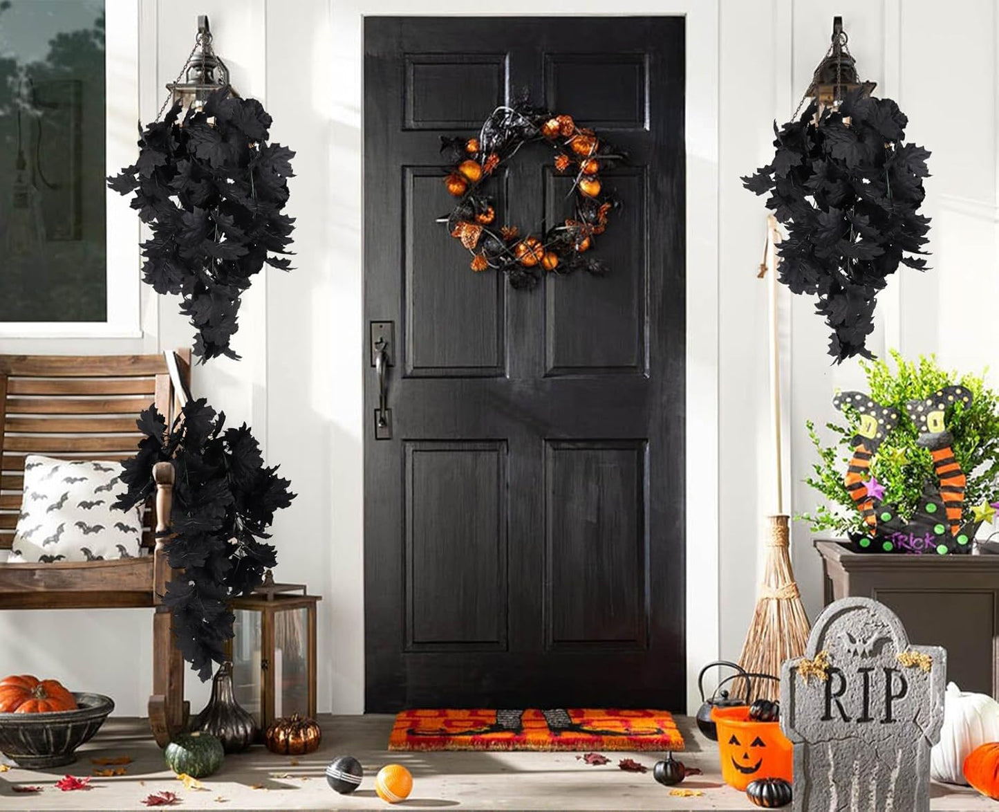 RECUTMS Black Maple Leaf Artificial Hanging Plants Fake Plants Faux Fall Leaves Halloween Faux Plants Autumn Leaves Artificial Wall Hanging Indoor Outdoor Halloween Decoration(Black)
