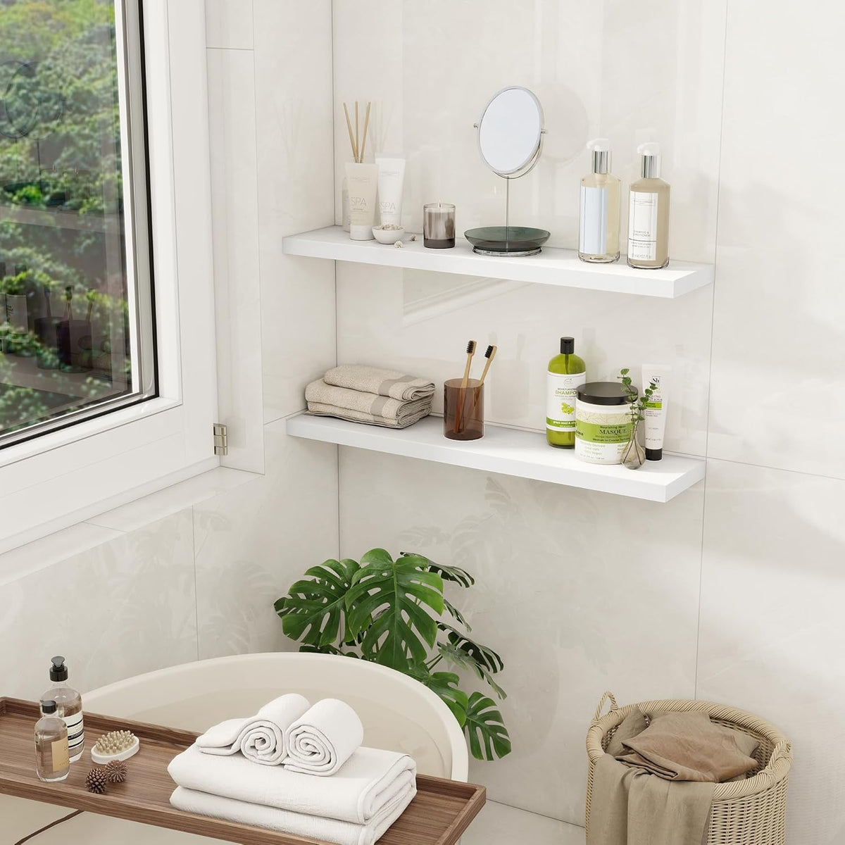 Fun Memories Floating Shelves for Wall, 30" Rustic Wood Deep Wall Mounted Shelves with Invisible Brackets for Decor & Storage, Floating Shelf for Living Room, Bathroom (White, Set of 2)