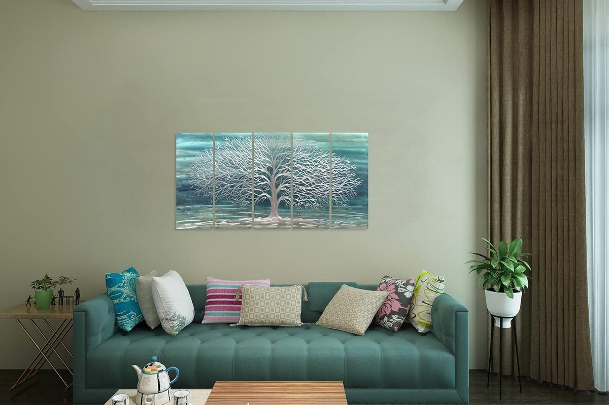 Yihui Arts Large Metal Wall Art Handcrafted Aesthetic Tree Pictures on Aluminum 5 Panels Teal and Silver Abstract Landscpae Artwork for Living Room Bedroom Dinning Decor