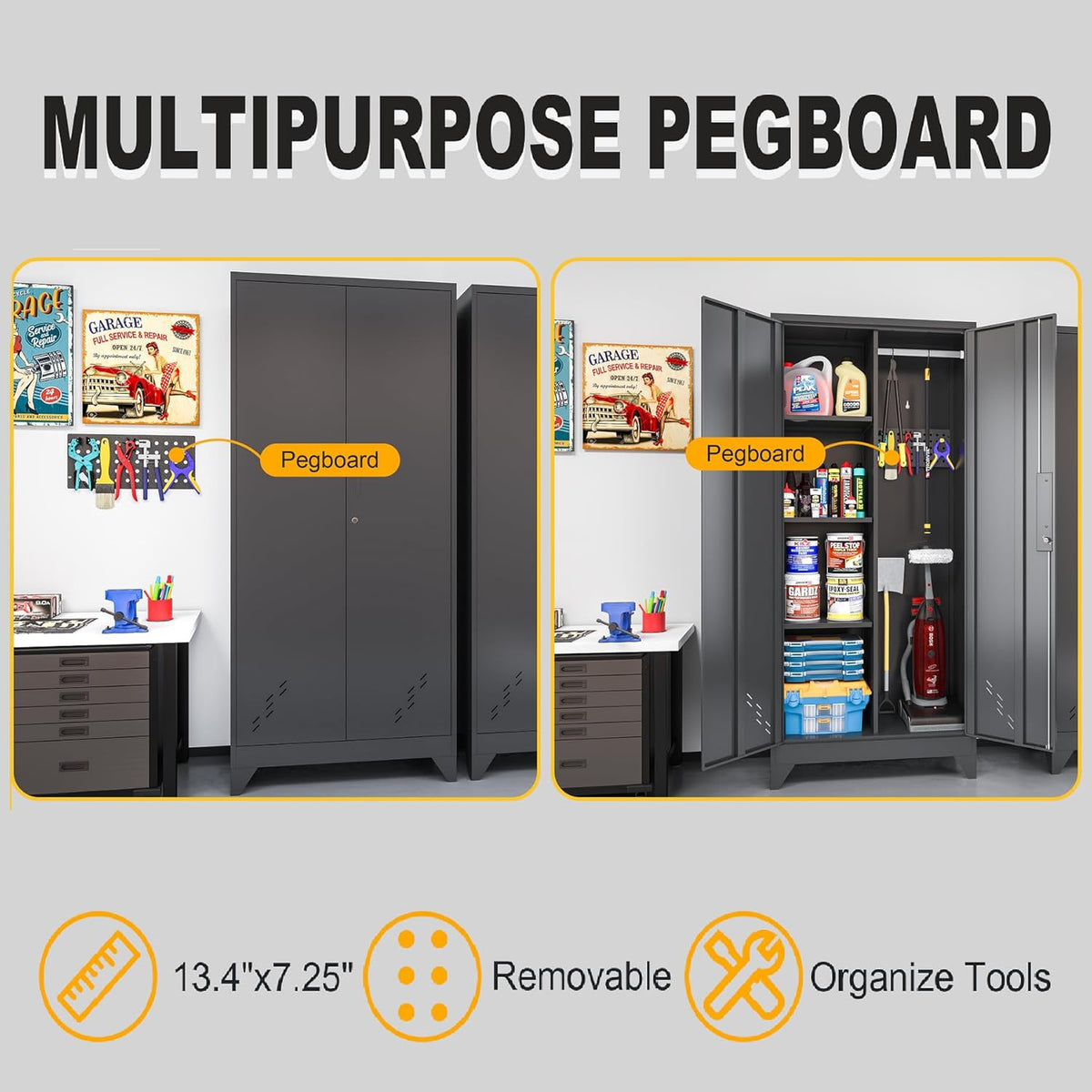 61" H Metal Storage Cabinet, Utility Cabinets with Locking Doors, Laundry Cabinet with Hanging Rod, Garage Tool Storage Cabinets for Home Office, Garage, Bathroom (Black)