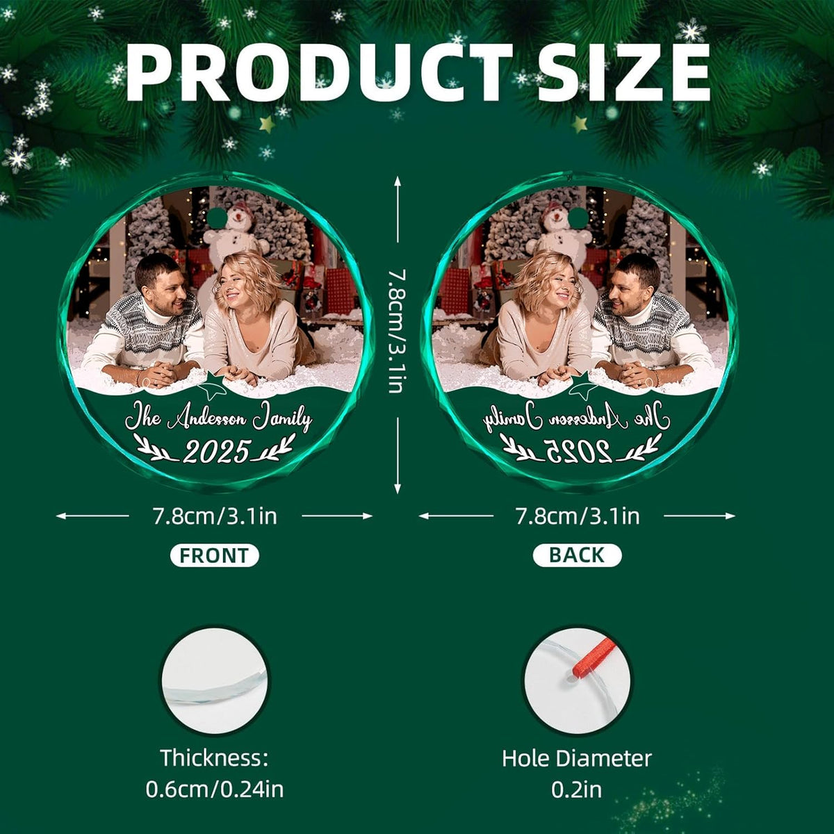 Personalized Christmas Ornaments, Custom Glass Ornament with Photo/Text/Date,Customized Christmas Tree Decor Gifts for Family, Dad, Mom, Him, Her, Couple