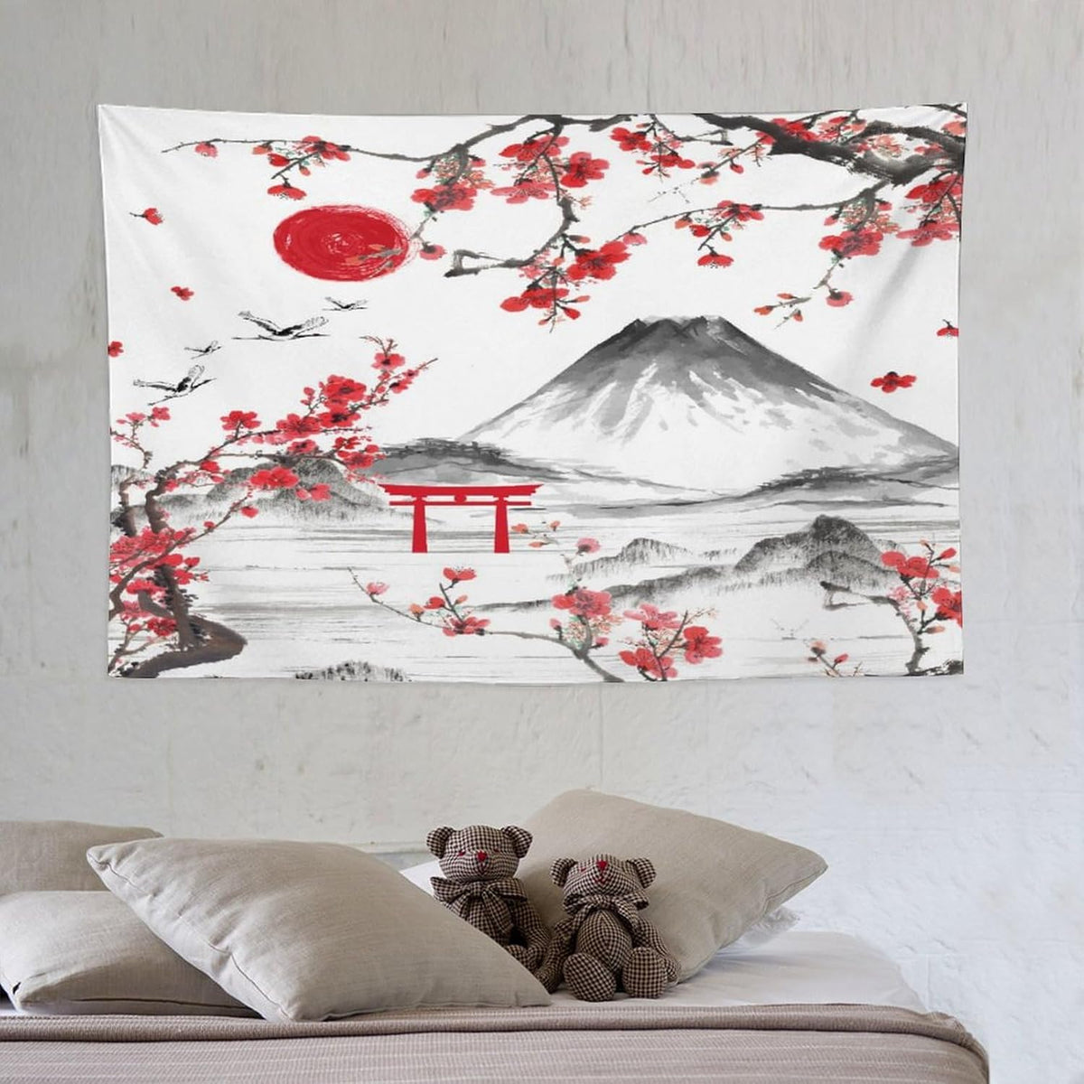 Red Cherry Blossoms Tapestry, Japanese Fuji Mountain Tapestry, Asian Japanese Wall Tapestry, Nature Landscape Tapestries for Bedroom Living Room Decor 60"x40"