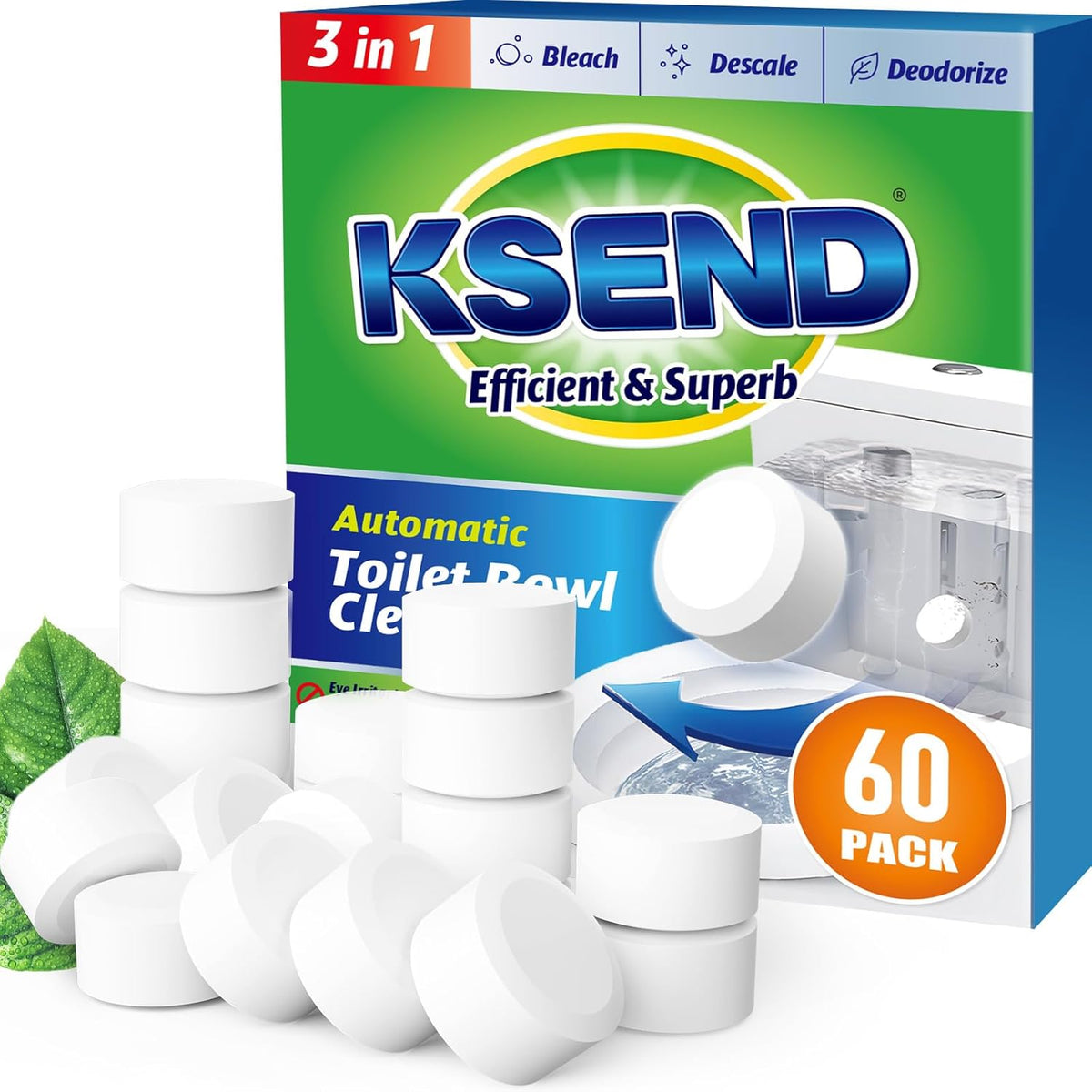 Toilet Bowl Cleaner Tablets - 60 PCS Automatic Bleach Toilet Cleaner Tablets, Slow-Releasing Deodorizing & Descaling, Powerful Bathroom Tank Cleaner