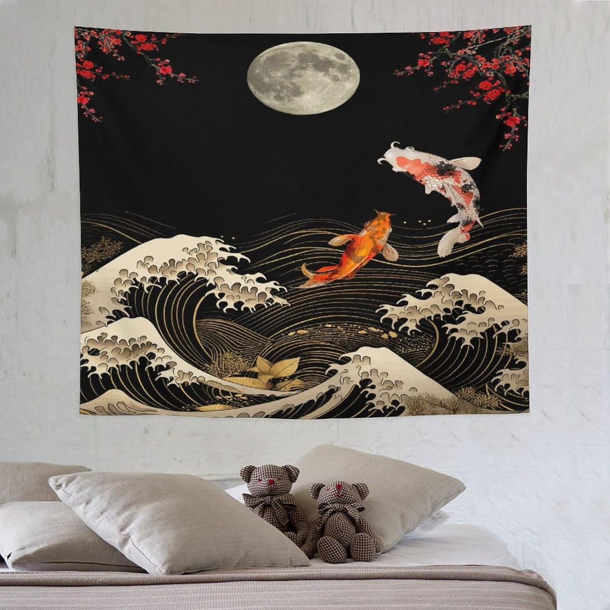 Houselerax Koi Fish Tapestry, Japanese Style Yin Yang Big Wave Cherry Blossom Tapestries Wall Hanging for Bedroom Living Room Office Decor 60"x50"