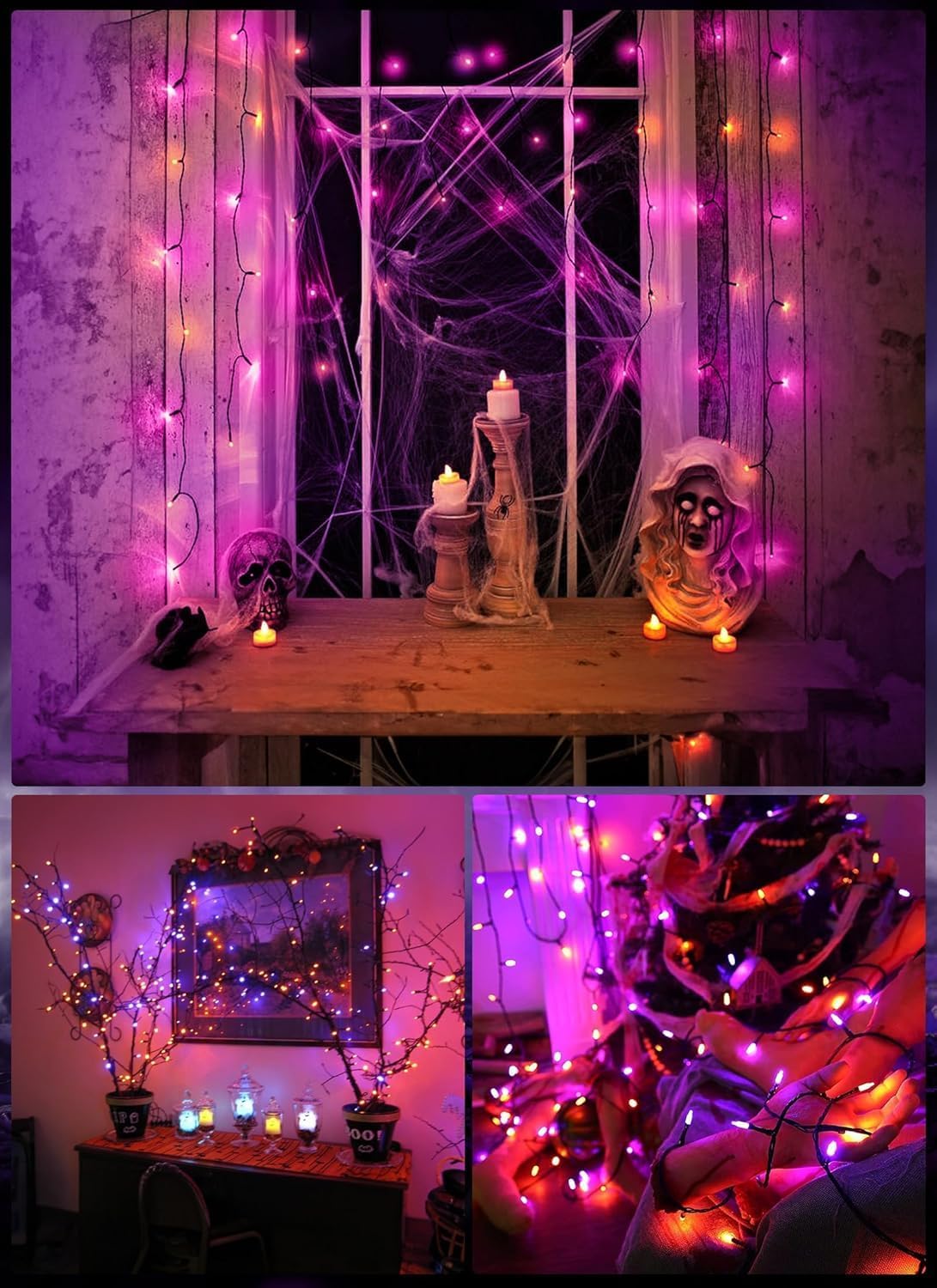 Battery Operated Halloween Indoor String Lights, 8 ft 20 LED Orange and Purple Mini Tree Lights with Timer, Indoor Outdoor Patio Garland Window Decor for Party Christmas Halloween Decorations