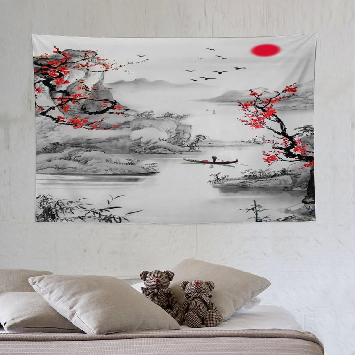 Cherry Blossoms Tapestry, Japanese Red Landscape Watercolor Abstract Art, Asian Japanese Wall Tapestry, Nature Landscape Tapestries for Bedroom Living Room Decor 60"x40"