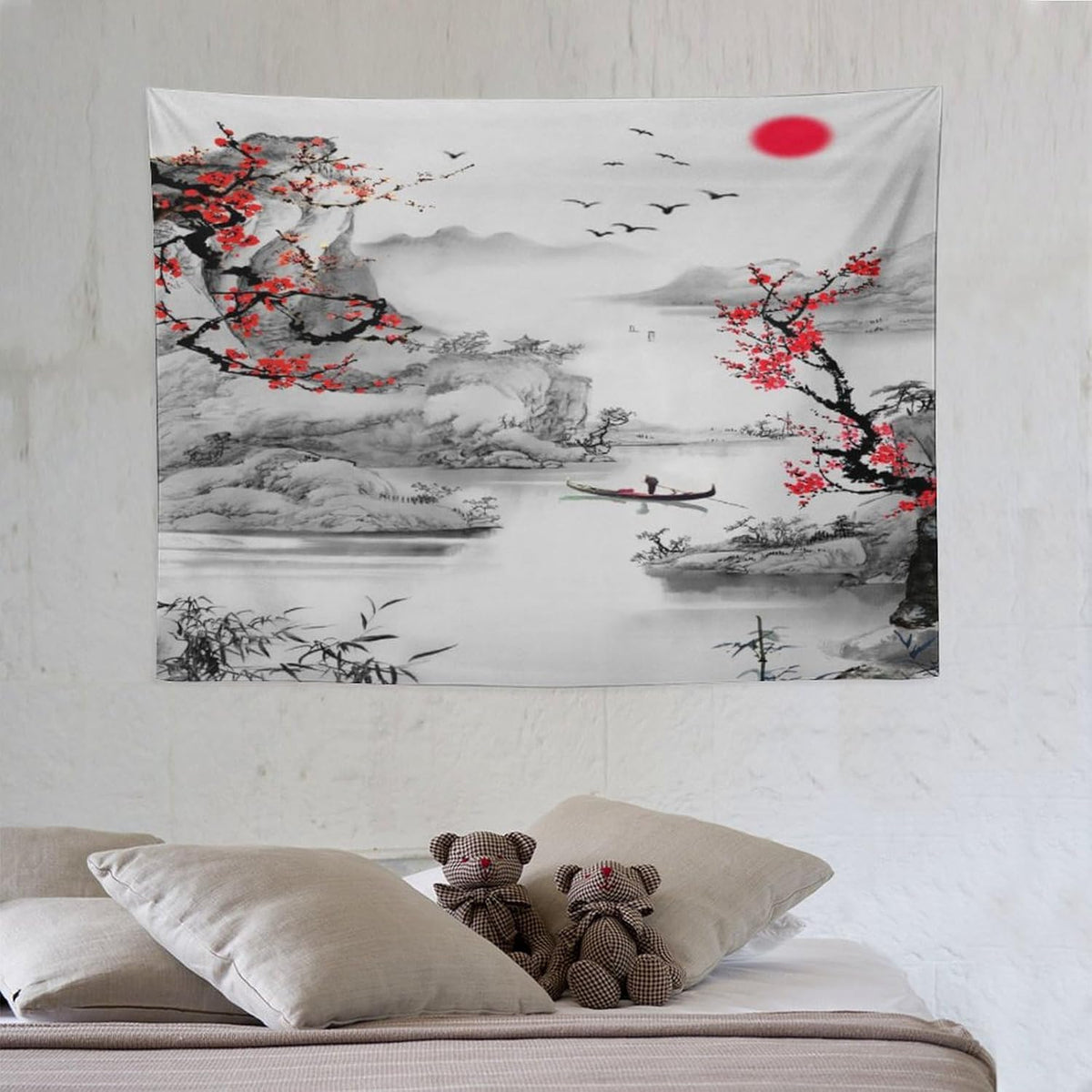 Cherry Blossoms Tapestry, Japanese Red Landscape Watercolor Abstract Art, Asian Japanese Wall Tapestry, Nature Landscape Tapestries for Bedroom Living Room Decor 40"x30"