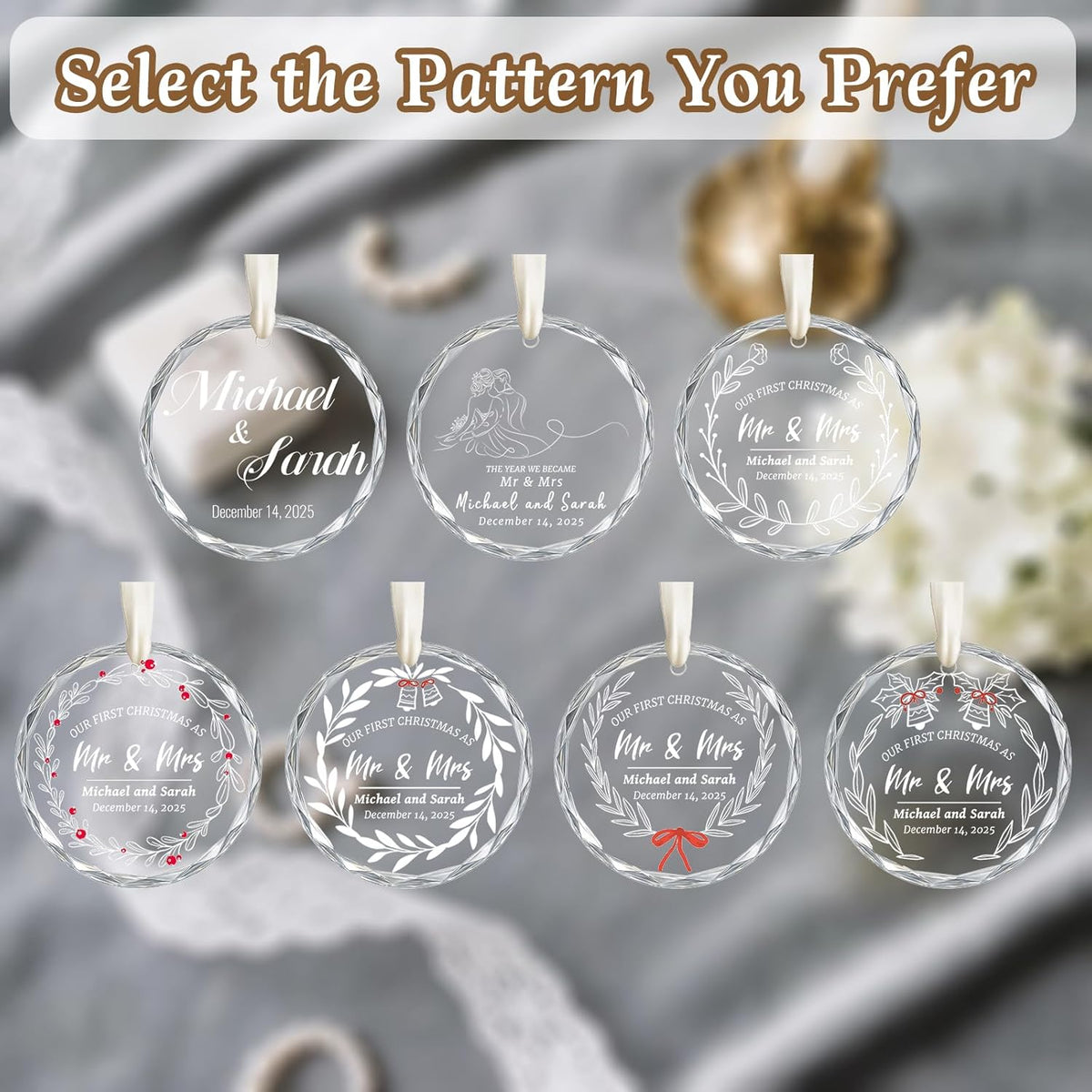 First Christmas Married Ornament 2025, Custom Wedding Crystal Glass Ornament with Photo, Name or Date, Personalized Wedding or Bridal Shower Gifts for Newlyweds