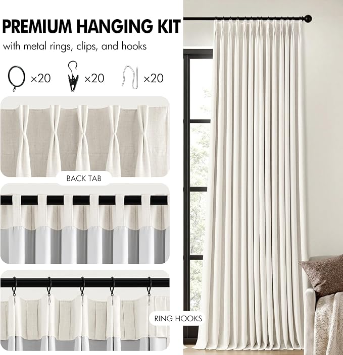 MIULEE Beige White Pinch Pleated 100% Blackout Linen Curtains 40x102 Inches | - Image 8