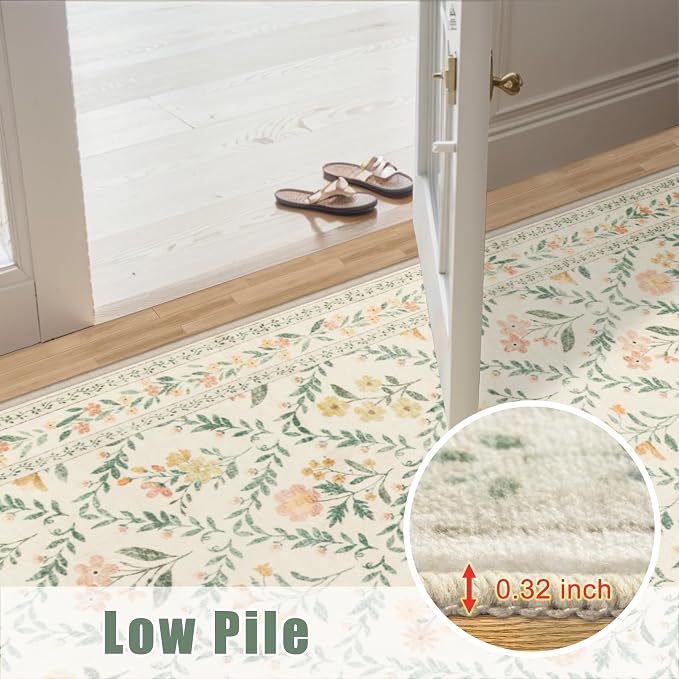 PLHXFR 2.6x8 Washable Runner Rug:Floral Indoor Kitchen Carpet Beige Multi | - Image 9