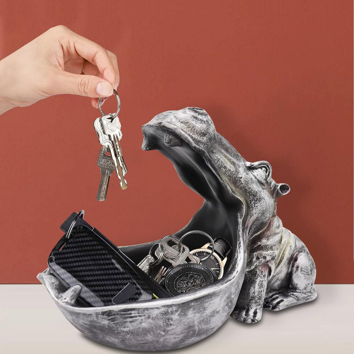 aboxoo Hippo Statue Home Resin Hippopotamus Figurine Fun Candy Dish,Key Bowl,Big Mouth Sculpture Table Art Decoration Sundries Container Storage Boxes (Grey)