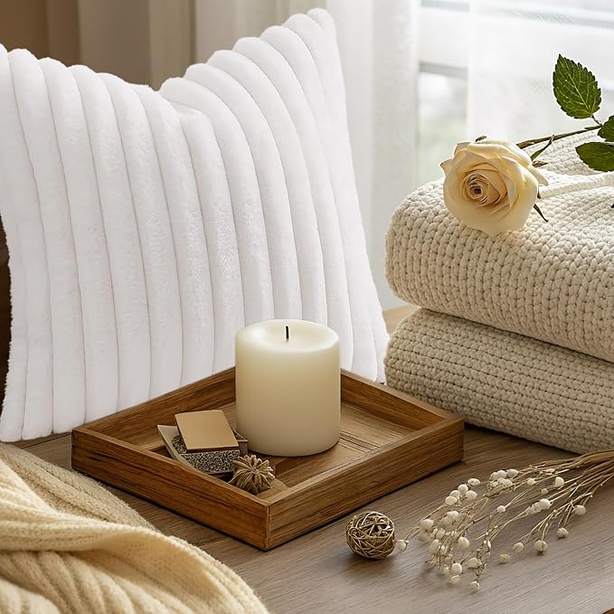 decorUhome Fall Faux Fur Throw Pillow Covers 24x24 Set of 2 White | Decorative - Image 9