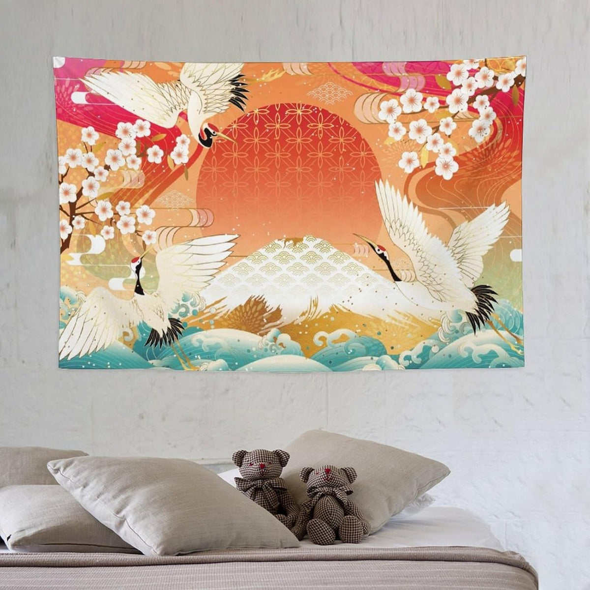 HZOHNAGO Japanese Tapestry Cherry Blossom Crane Sea Wave Fuji Mountain Red Sun Pattern Printed Wall Tapestry Painting Wall Hanging for Bedroom Living Room Dorm 60" W x 40" H