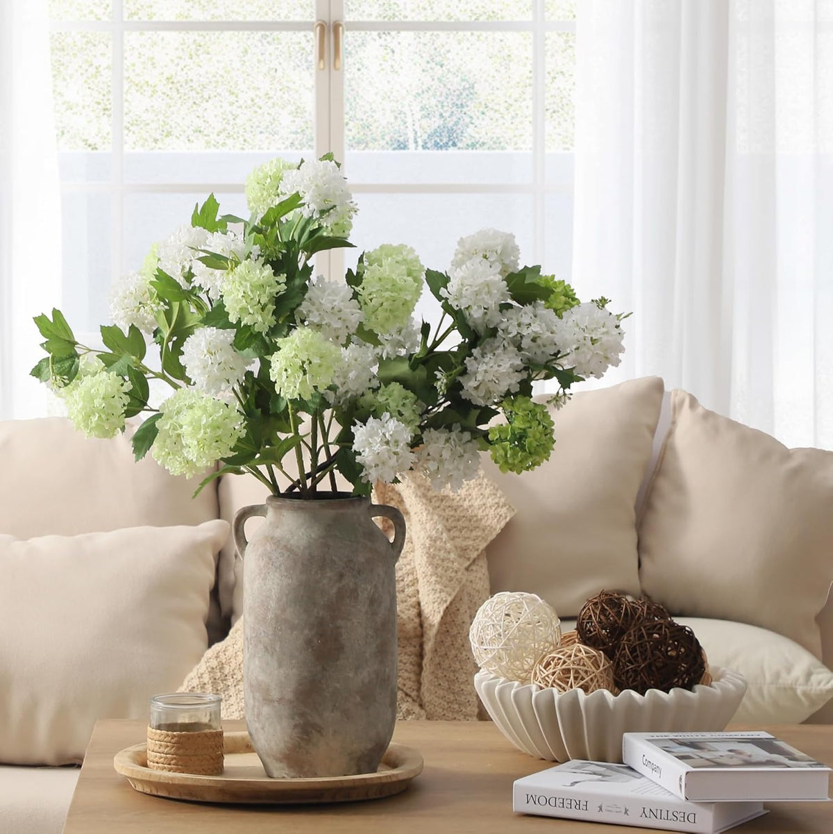 Large Flower Vase Home Decor - 12 inch Tall Ceramic Farmhouse Rustic Table Vases with Handle Living Room Decoration Decorative Modern Vintage for Floor Kitchen Shelf Coffee Dining Desk Fireplace