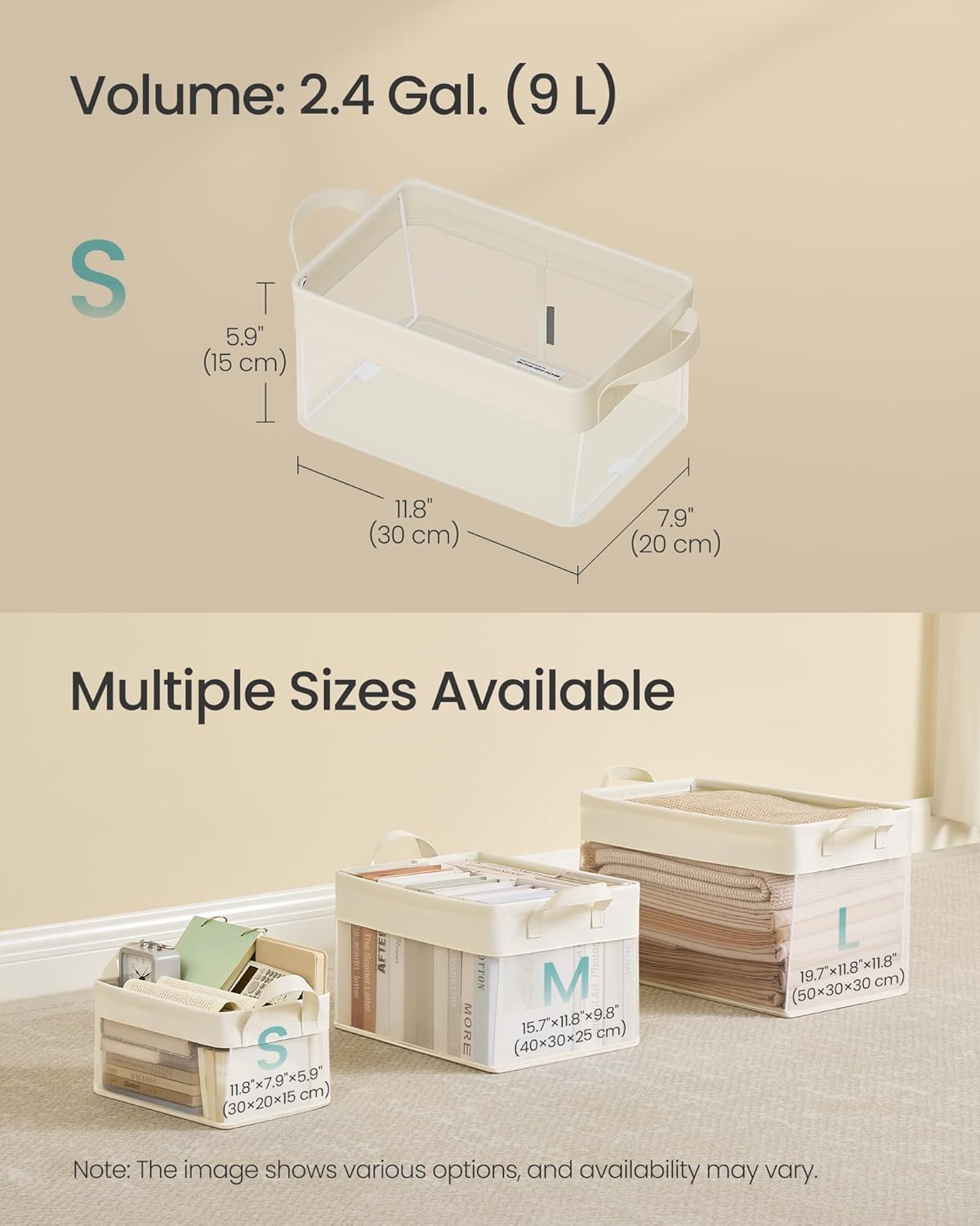 SONGMICS Storage Bins Set of 3, Small Fabric Storage Baskets, Foldable Organizer with Transparent Nylon Mesh, 11.8 x 7.9 x 5.9 Inches, Handles, for Bathroom, Kitchen, Cream White URFB915W01