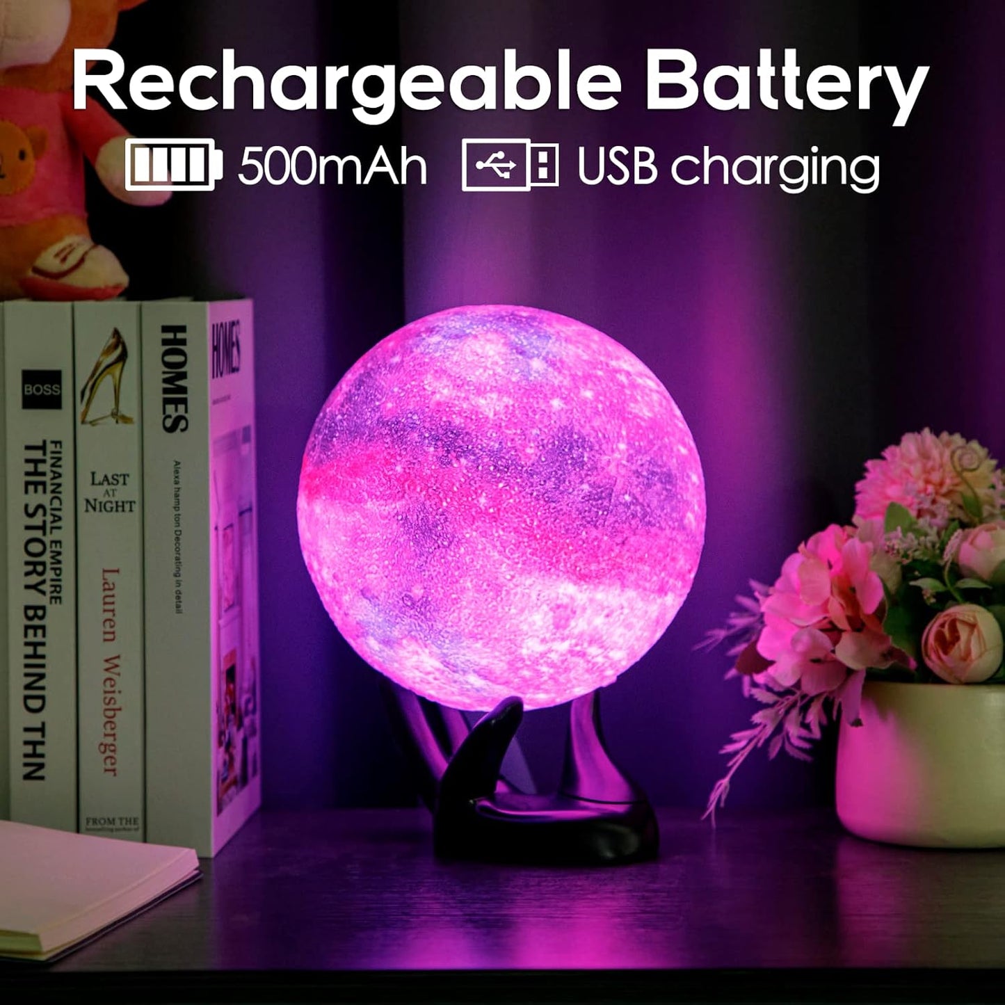 BRIGHTWORLD 7.1inch Galaxy Lamp 16 Colors Moon Lamp 3D Printing, Remote & Touch Control USB Rechargeable, Birthday Gifts for Women Room Decor Aesthetic๏ผBlack Hand Base๏ผ