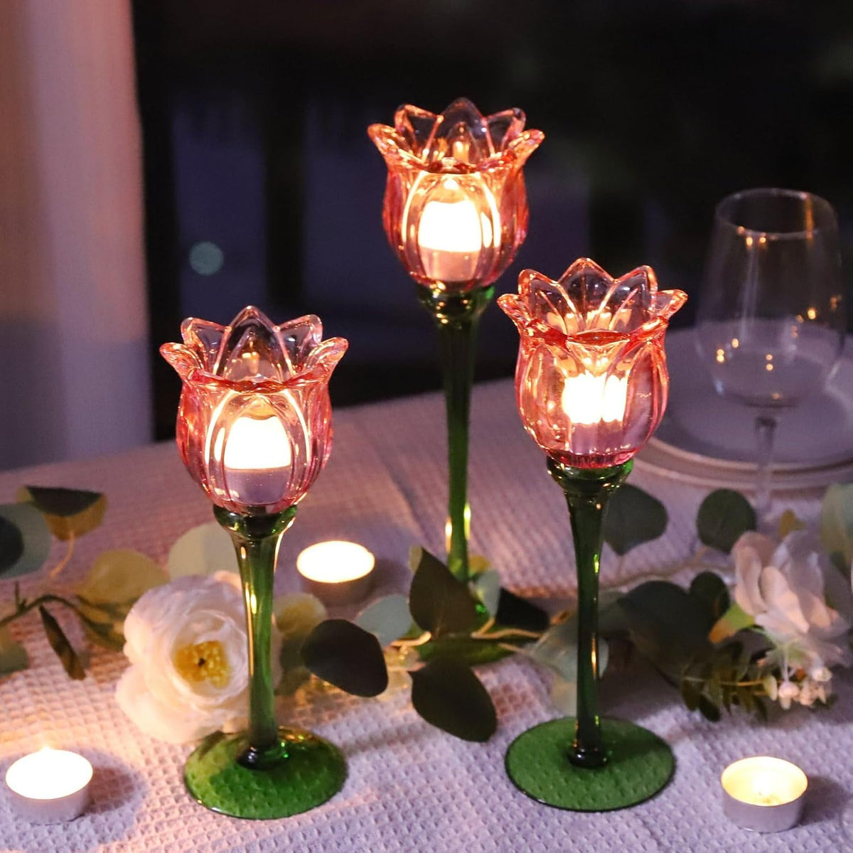 VOHO Pink Tulips Candle Holder, Romantic Pink Flower Votive Candle Holders for Wedding Bridal Shower Decorations, Tall Tealight Candle Holder Decor for Centerpiece Table(Set of3)
