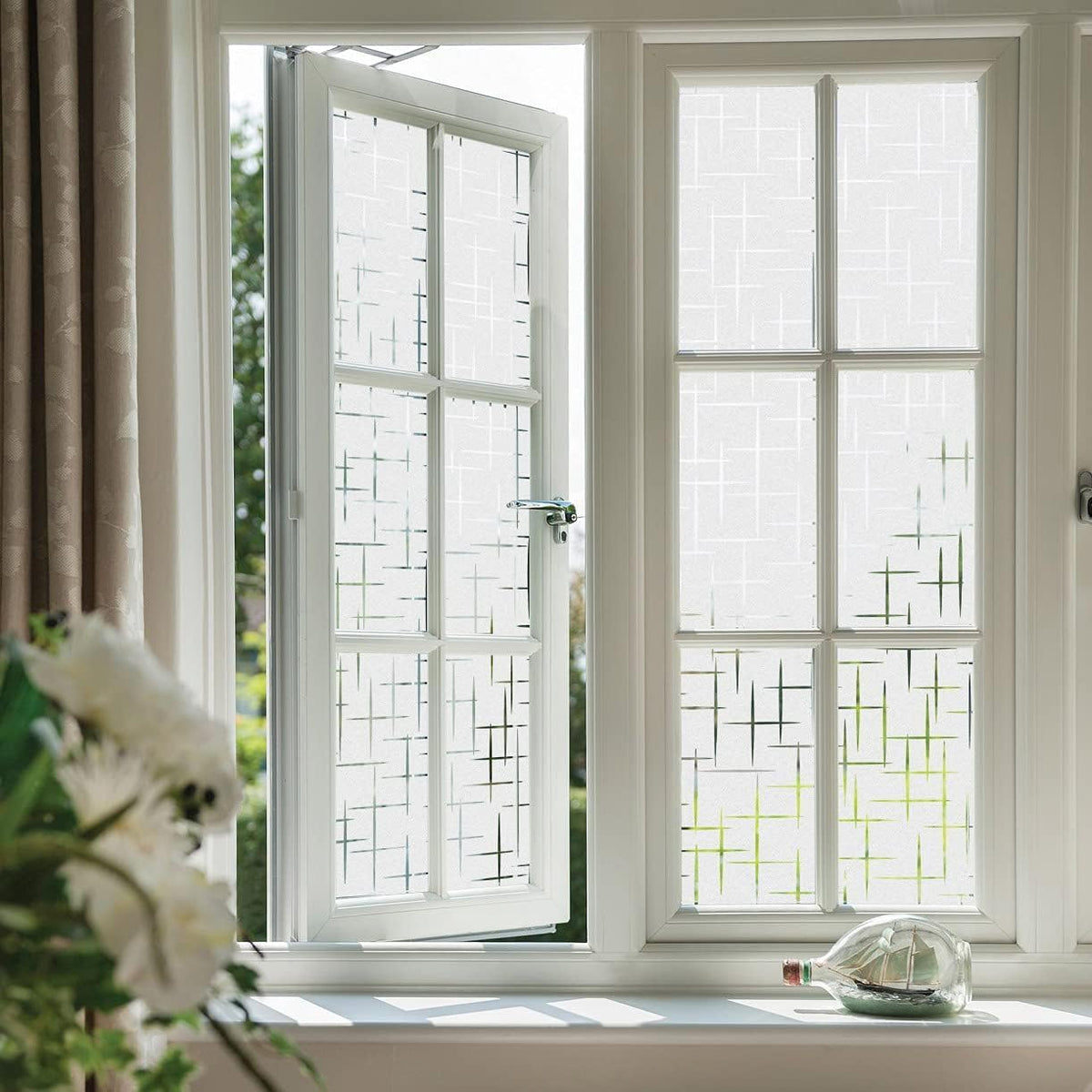 Finnez Frosted Window Film Non-Adhesive, Frosting Privacy Film for Glass Windows, Self Static-Cling Decorative Window Cling for Home Office UV Protection Cross Pattern 17.5 x 78.7 inches