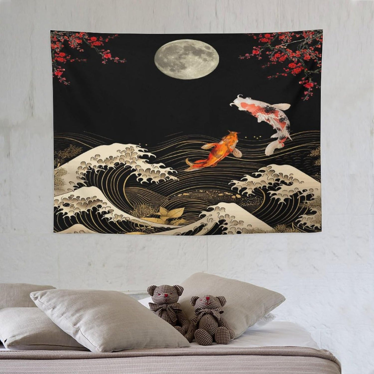 Houselerax Koi Fish Tapestry, Japanese Style Yin Yang Big Wave Cherry Blossom Tapestries Wall Hanging for Bedroom Living Room Office Decor 40"x30"