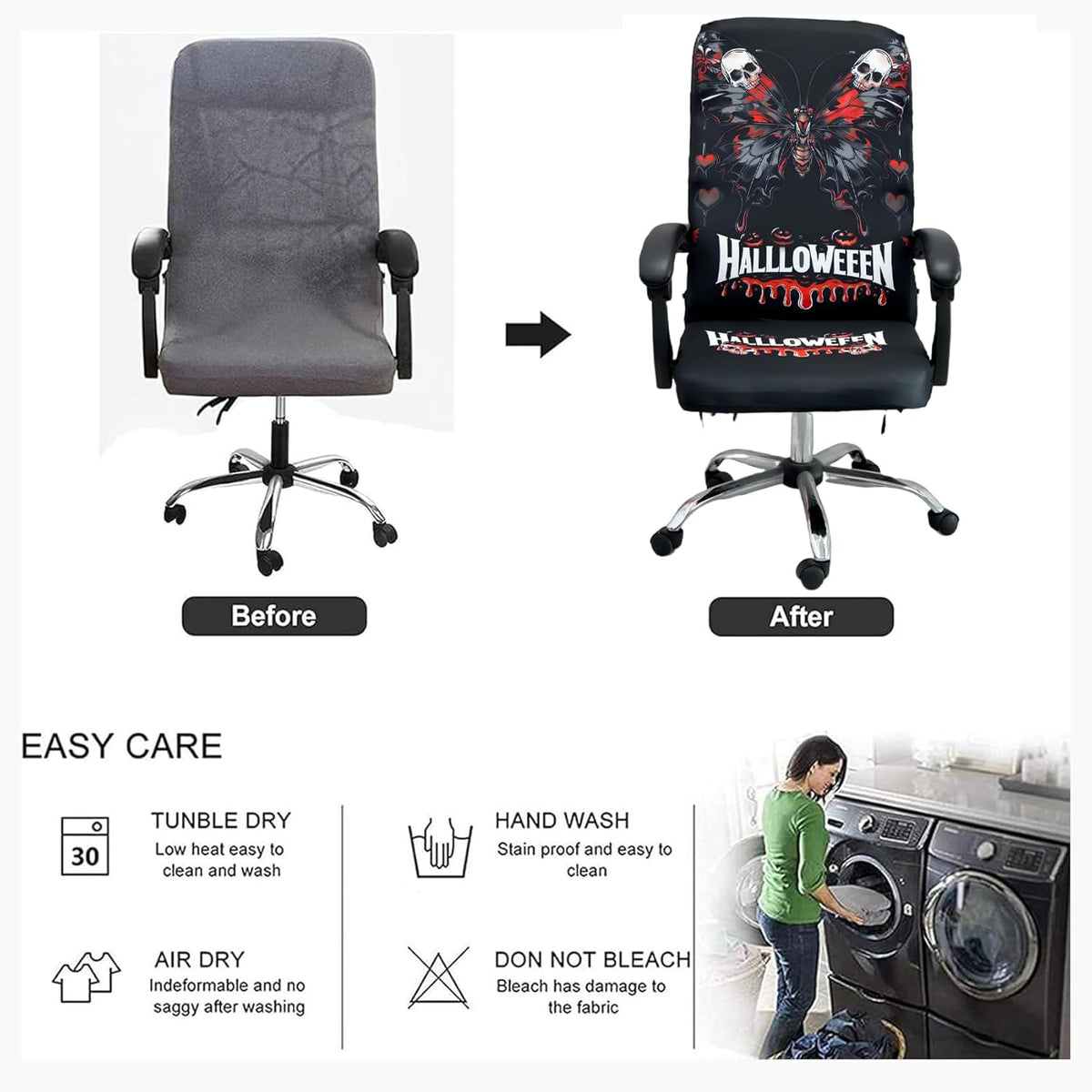 Halloween Office Chair CoversHorror Bloody Handprints Footprints on White Horror Theme Print Stretchable Slipcover for Modern Simplism Style High Back Boss Chair(No Chair) (Halloween08, M)…