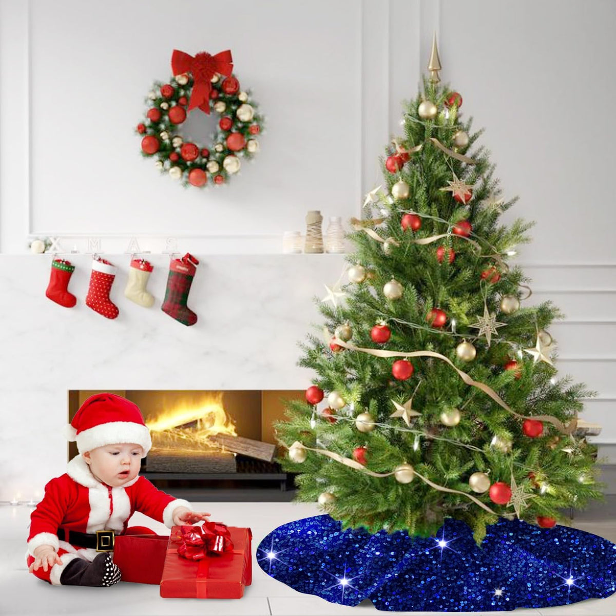 MODFUNS Blue Sequence Christmas Tree Skirt 21 Inches Mini Christmas Tree Mat for Home Decor Miniature Unique Xmas Tree Carpet Skirts Ornament for Christmas Day Family Reunion Holiday Party Banquet