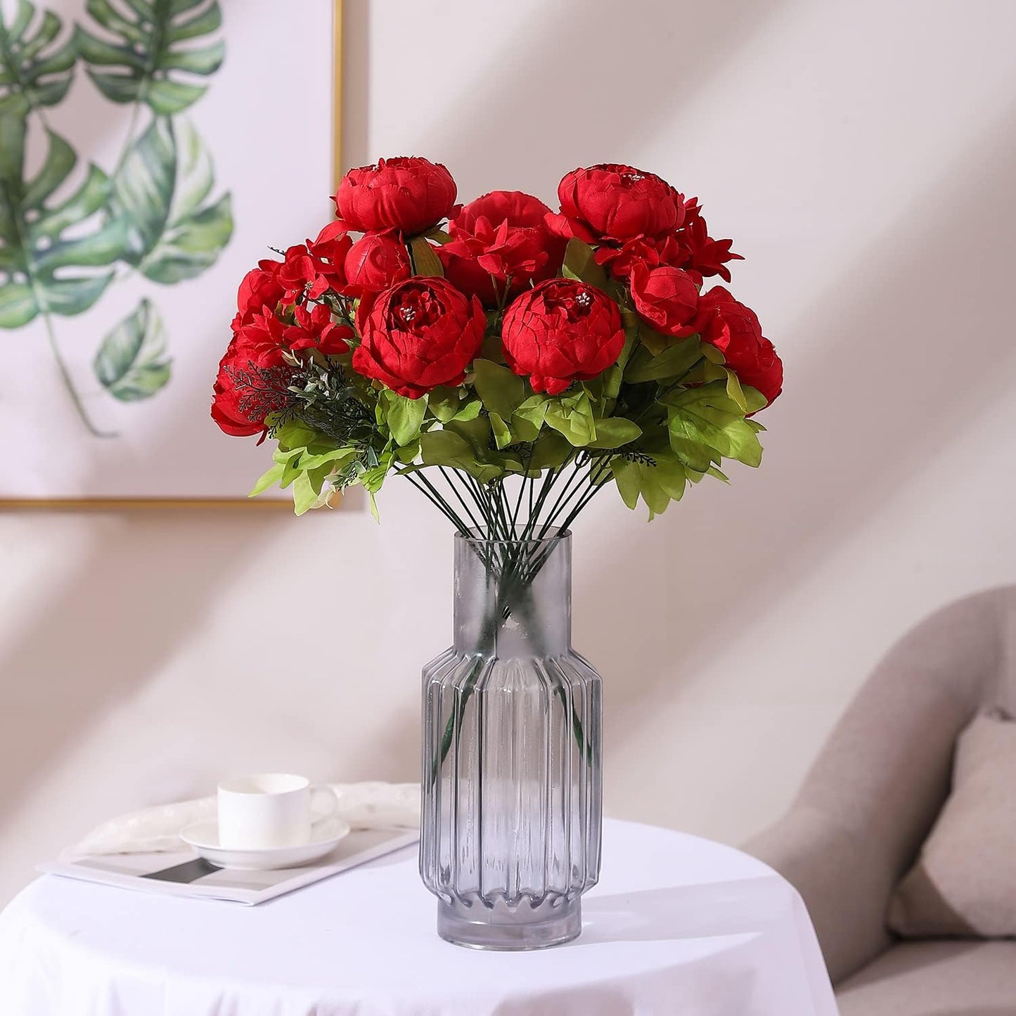 Duovlo Springs Flowers Artificial Silk Peony Bouquets Wedding Home Decoration,Pack of 1 (Spring Red)