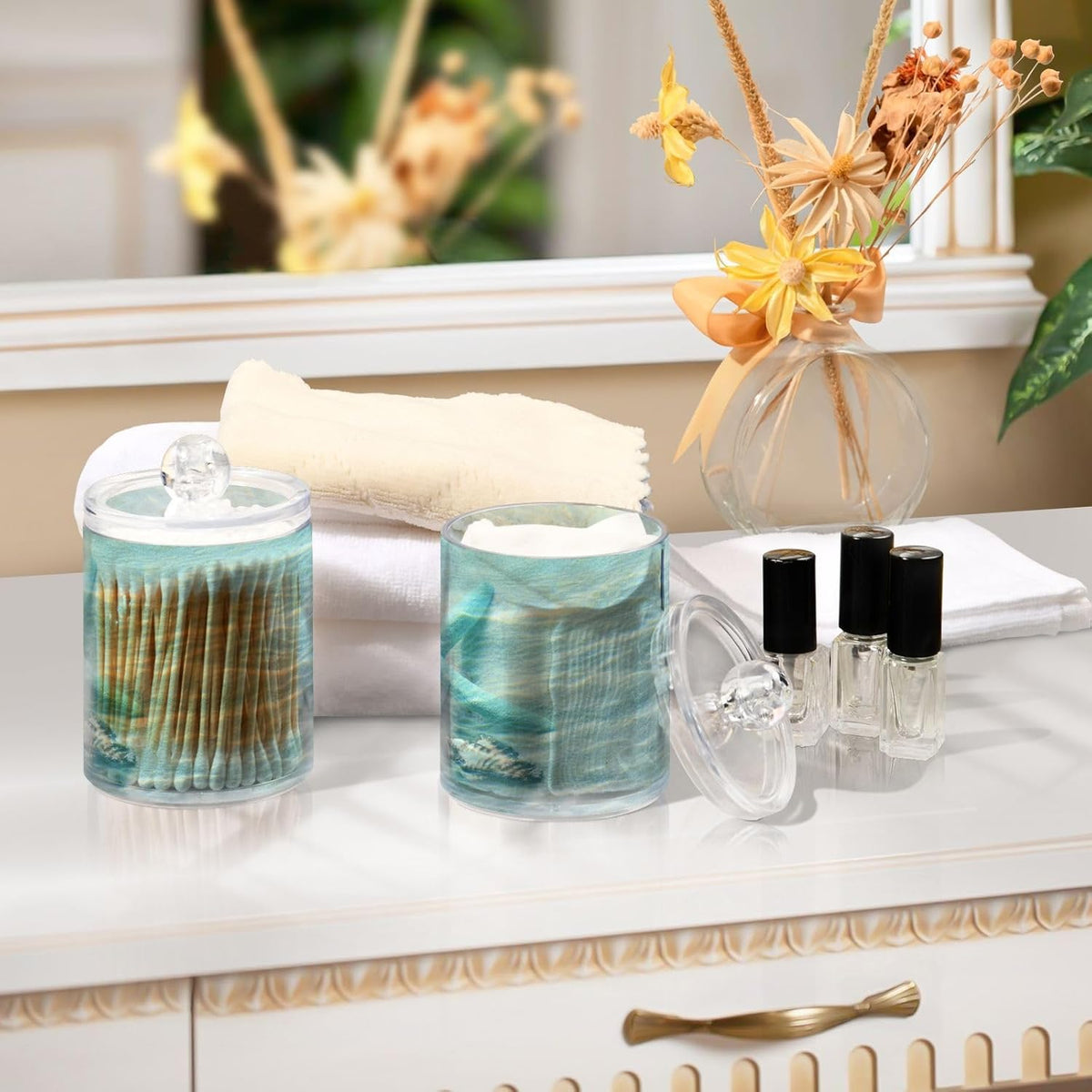 2 Pack Qtip Holder Organizer Dispenser Seashell Starfish Summer Beach Bathroom Storage Canister Cotton Ball Holder Container for Cotton Swabs/Pads/Floss