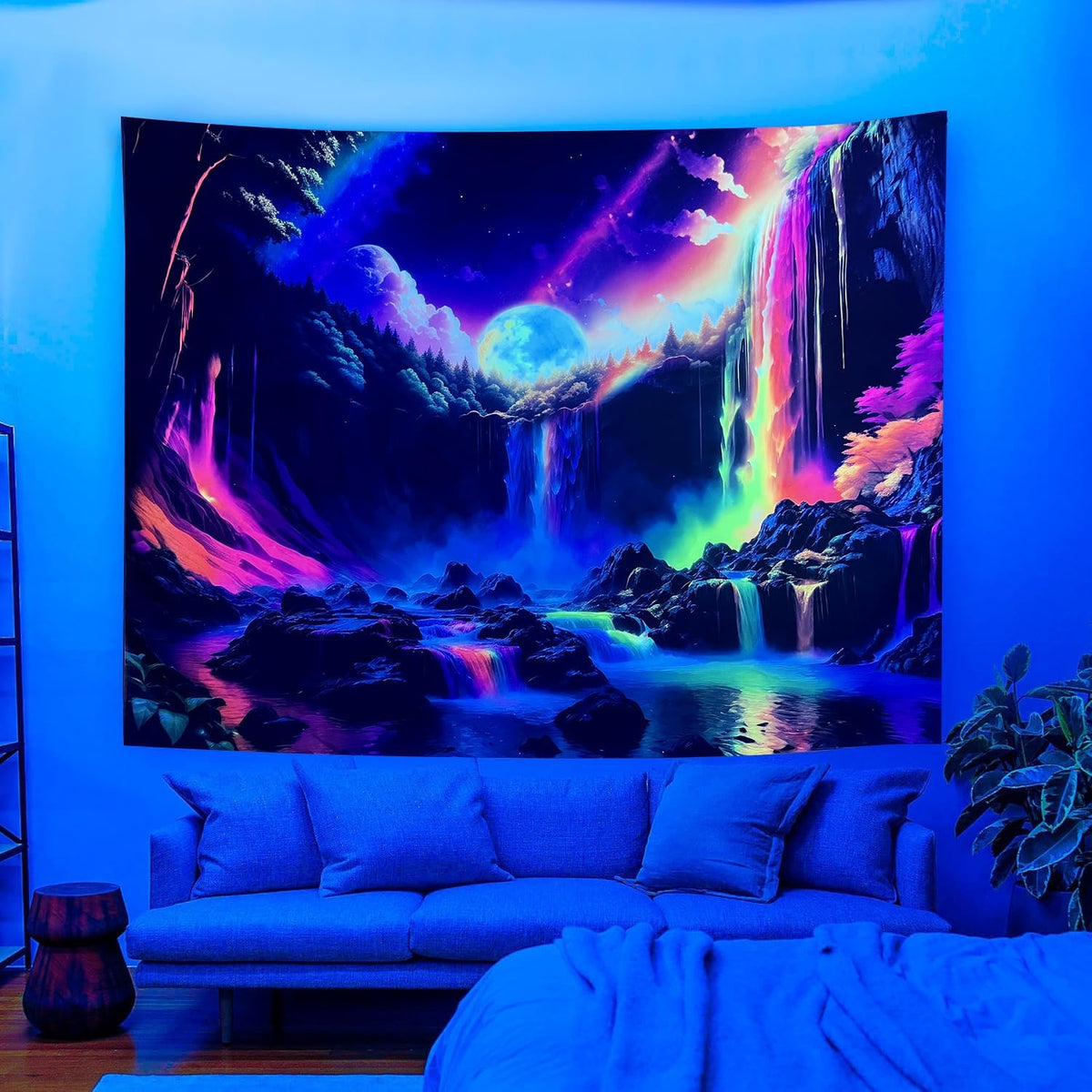 OSVINO Blacklight Rainbow Waterfall Tapestry 79"x59" UV Reactive Trippy Wall Hanging Rainbow Aesthetic Waterfall Wall Posters Bedroom Spiritual Room Decor