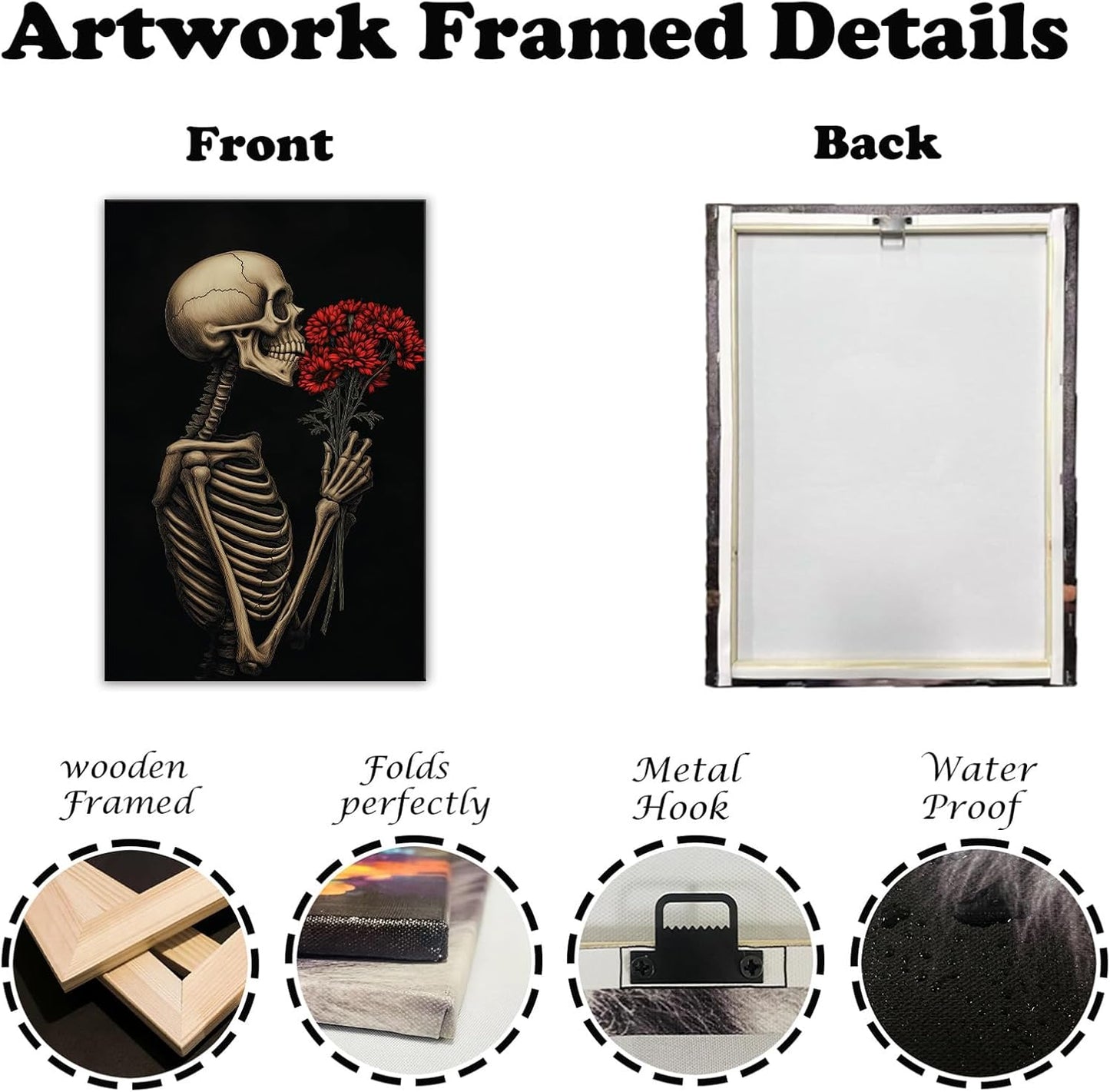OAAPITI Red Rose Skull Wall Art Dark Themed Skeleton Painting Modern Artwork for Gothic Home Decor(Artwork-5,24"x36")
