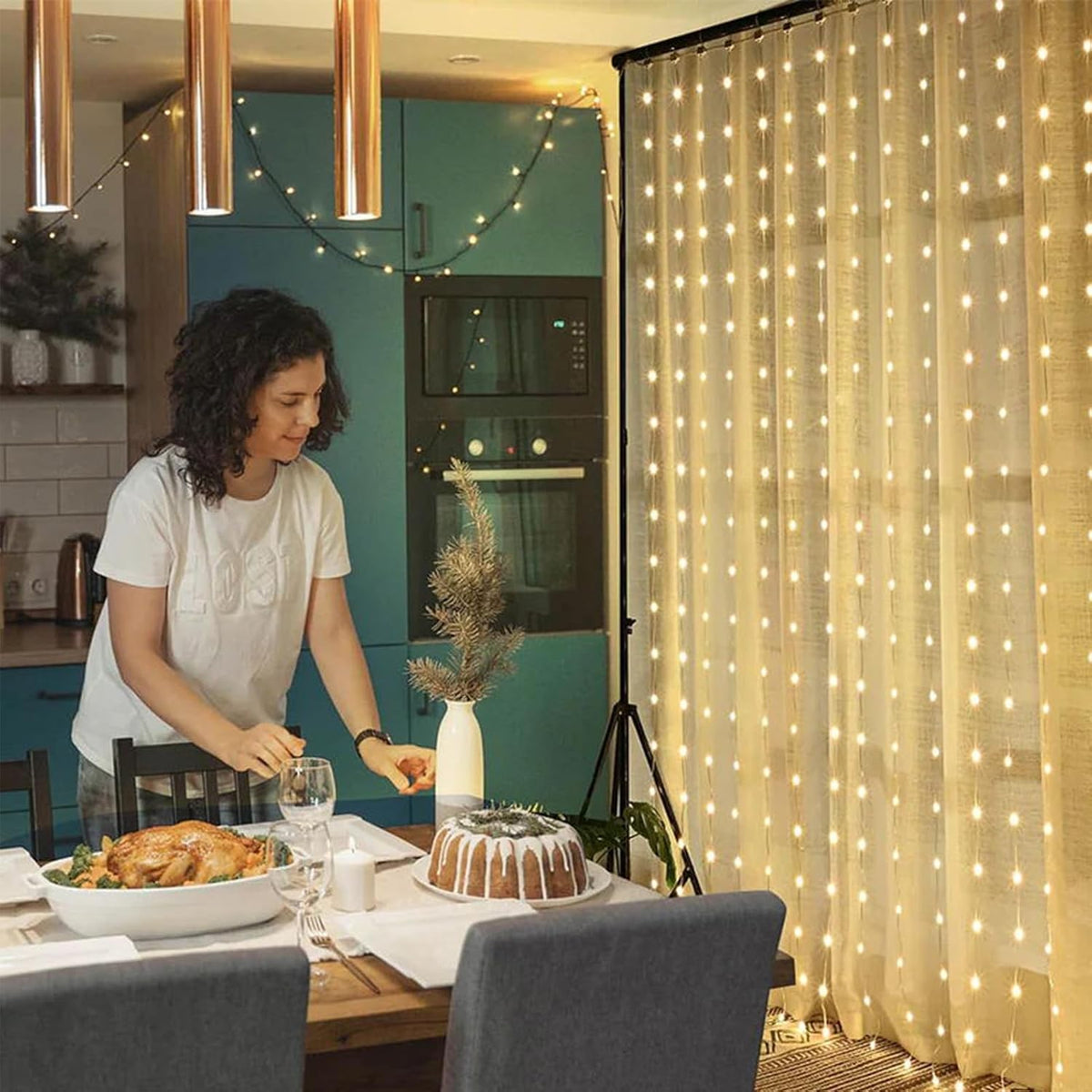 echosari Smart Curtain Lights 6.6 x 9.8Ft 16 Million Colors Changing 300 LED Fairy Curtain Lights DIY Functions with Remote APP Hanging Light for Patio Bedroom Decor