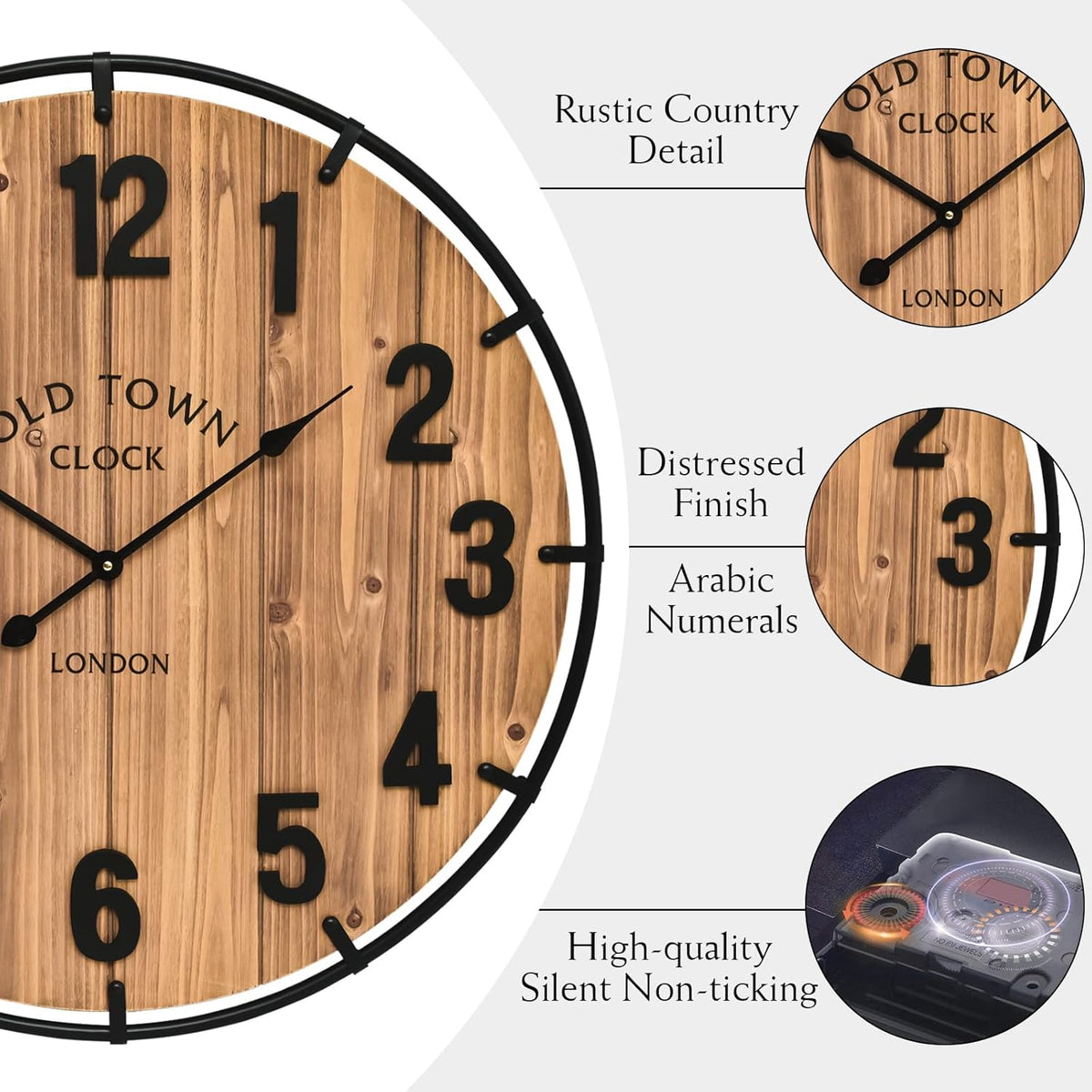 Large Old Town Farmhouse Wall Clock 30 Inches Rustic Antique Wood with Metal Circle and Large Numerals Silent Battery Operated Wall Clock for Office Kitchen Bedroom Living Room