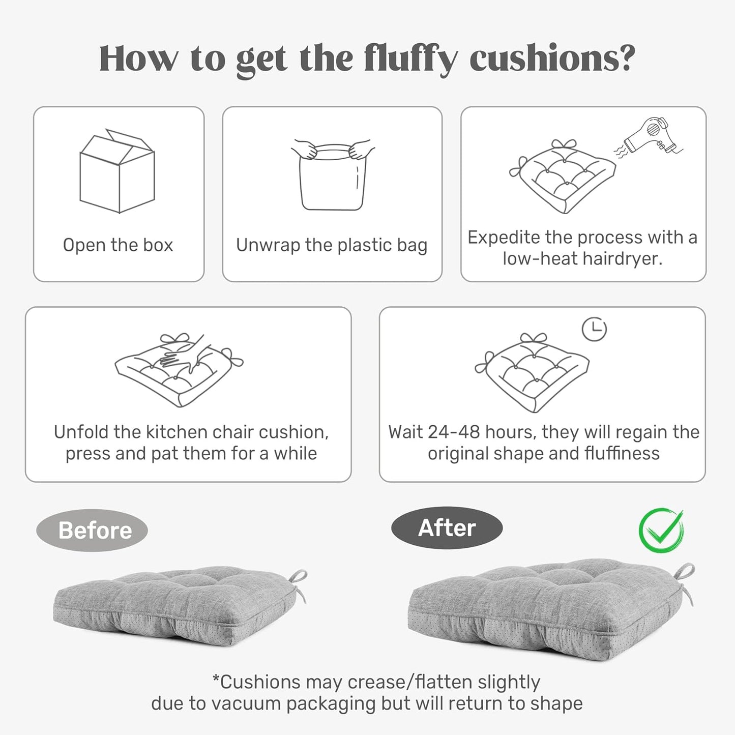 puredown® Chair Cushions for Dining Chairs, Tufted Memory Foam Chair Pads with Non-Slip Backing, Kitchen Seat Cushions with Ties, Washable Seat Pads Set of 4, 15.5" x 15.5" x 4", Purple
