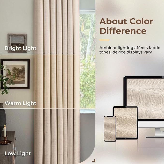 100% Blackout Curtains for Bedroom Oatmeal Linen Look Curtains 90 Inch Long | - Image 9