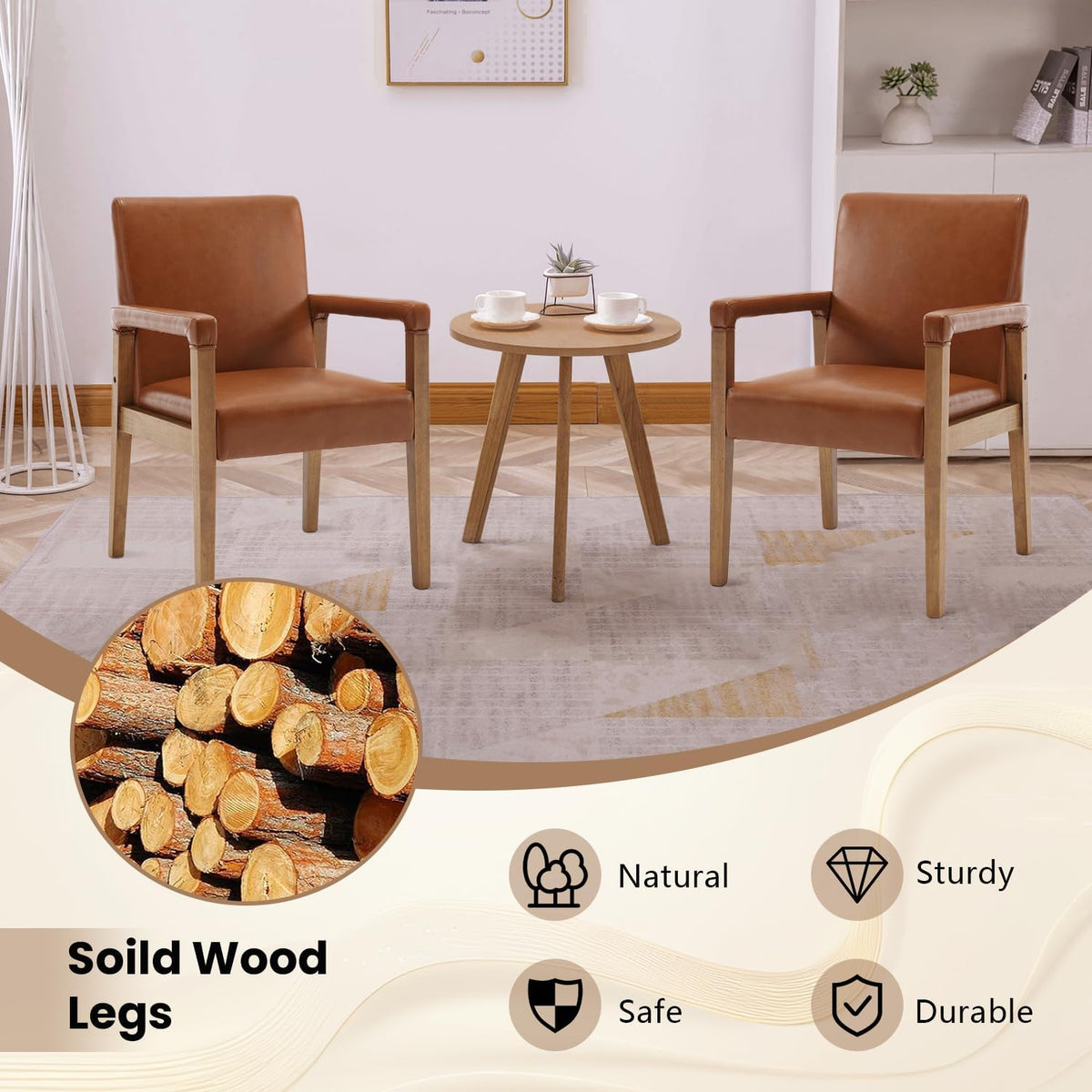 Kmax Modern Dining Chairs Set of 6 Faux Leather Kitchen Arm Chairs Upholstered Accent Chairs with Wooden Legs for Dining Room, Living Room, Bedroom, Brown