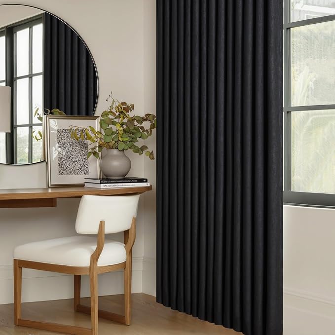 Black Pinch Pleated Full Blackout Linen 80 Inch Window Curtains 2 Panels | 100% - Image 9