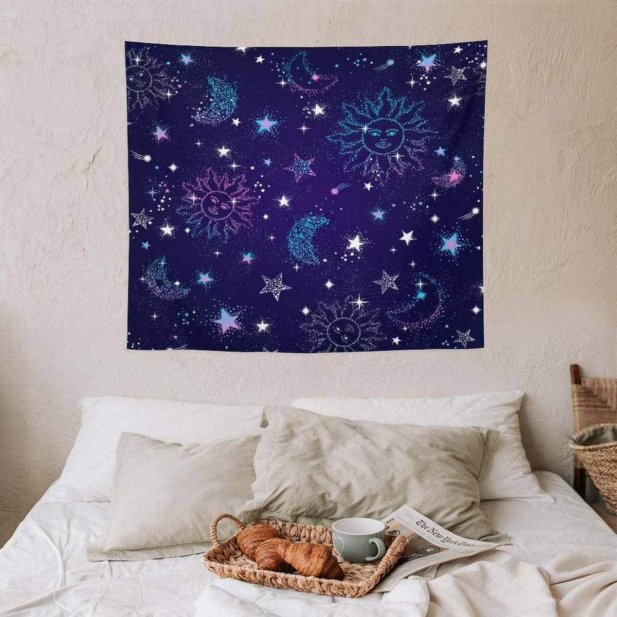 HZOHNAGO Boho Sun Moon Tapestry Purple Blue Sun Stars Galaxy Pattern Printed Wall Tapestry Wall Hanging for Bedroom Living Room Dorm 60" W x 50" H