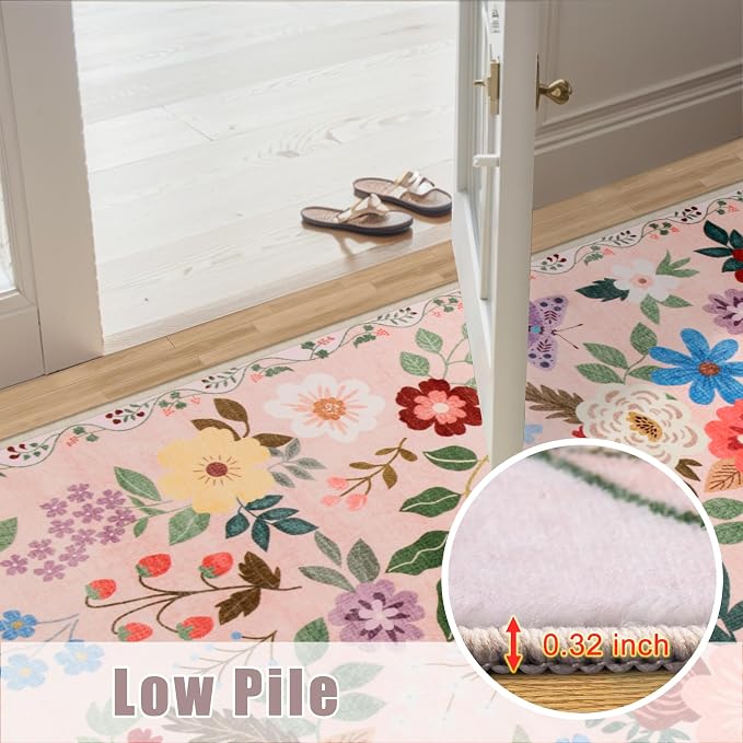 PLHXFR 2x6 Washable Runner Rug:Floral Indoor Kitchen Soft Carpet Beige | - Image 9